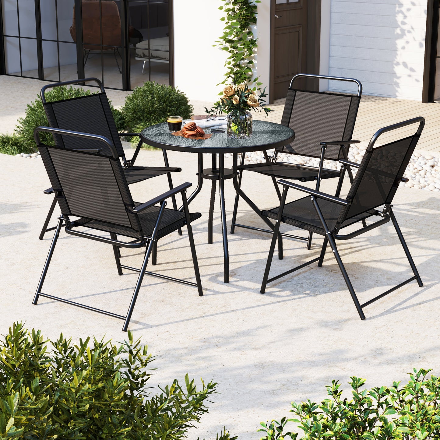 6 Pieces Patio Dining Set Folding Chairs Glass Table Tilt Umbrella for Garden-Coffee