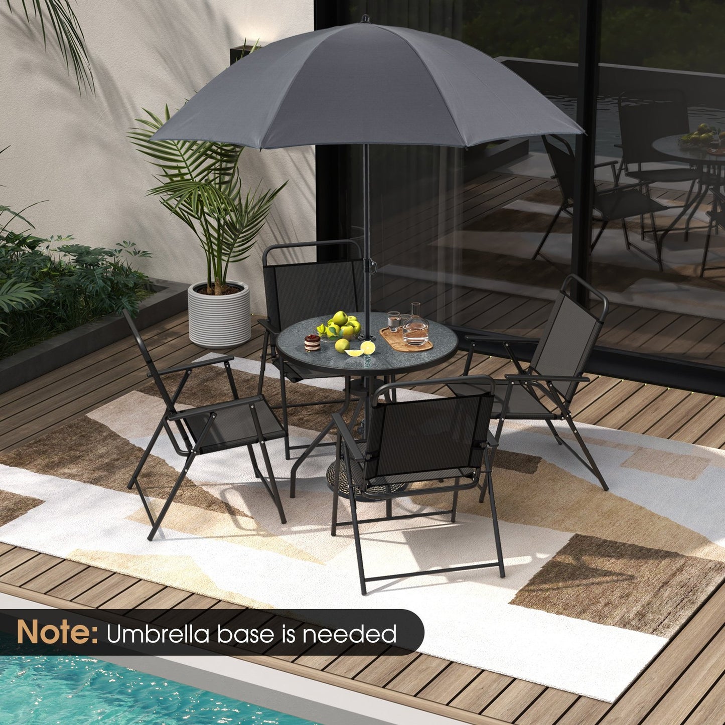 6 Pieces Patio Dining Set Folding Chairs Glass Table Tilt Umbrella for Garden-Coffee