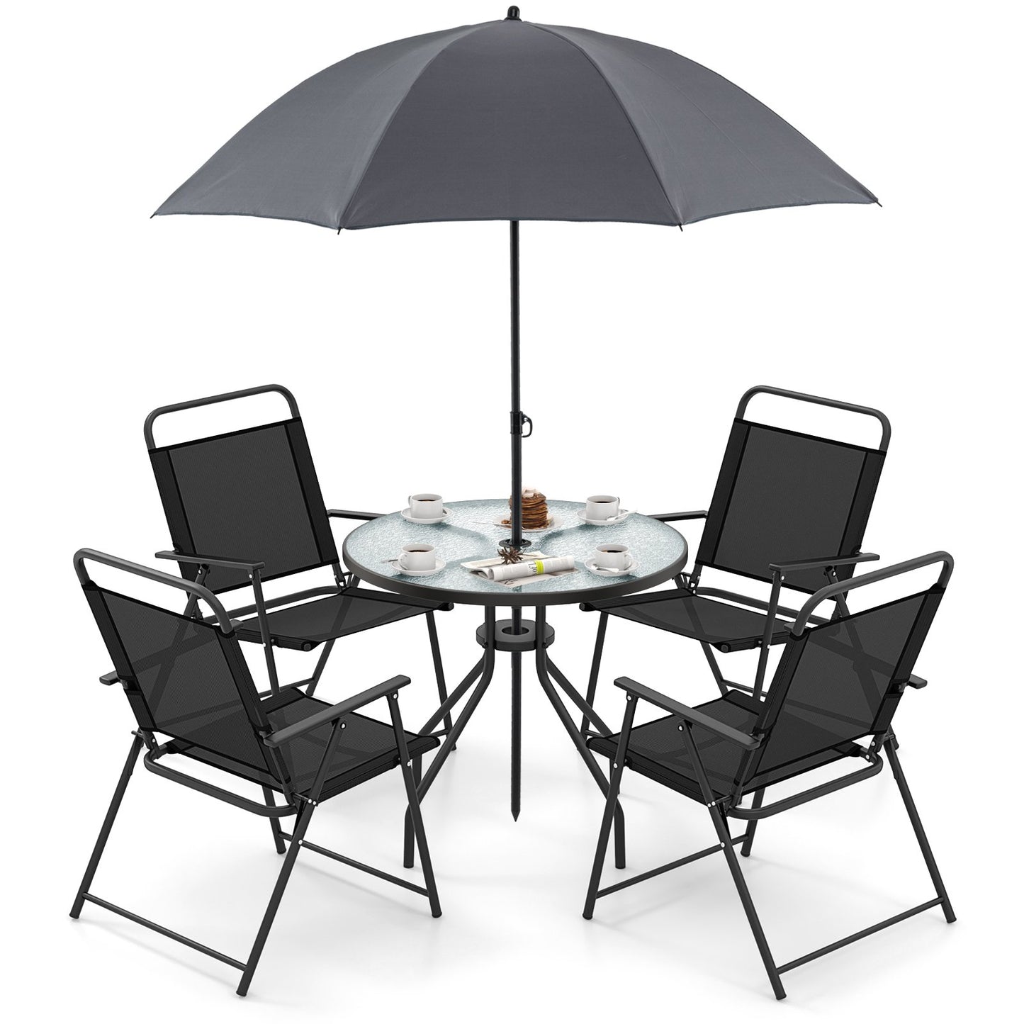 6 Pieces Patio Dining Set Folding Chairs Glass Table Tilt Umbrella for Garden-Coffee