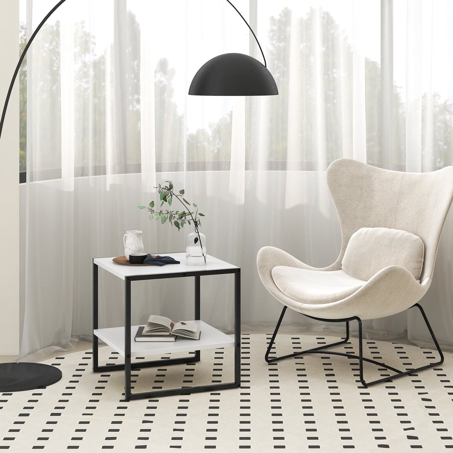 2-Tier Square End Table with Storage Shelf Reversible Design-White