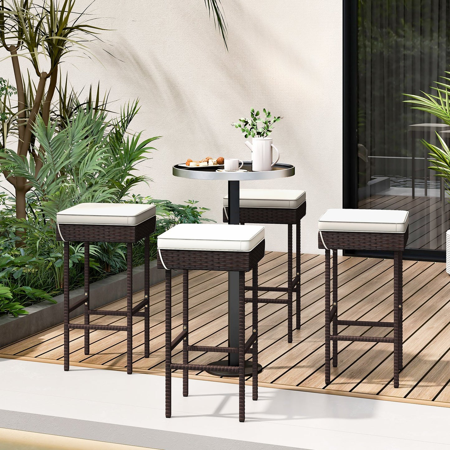 Patio Rattan Barstools Set of 2/4 with Footrest and Soft Cushions for Backyard Balcony-4 Pieces