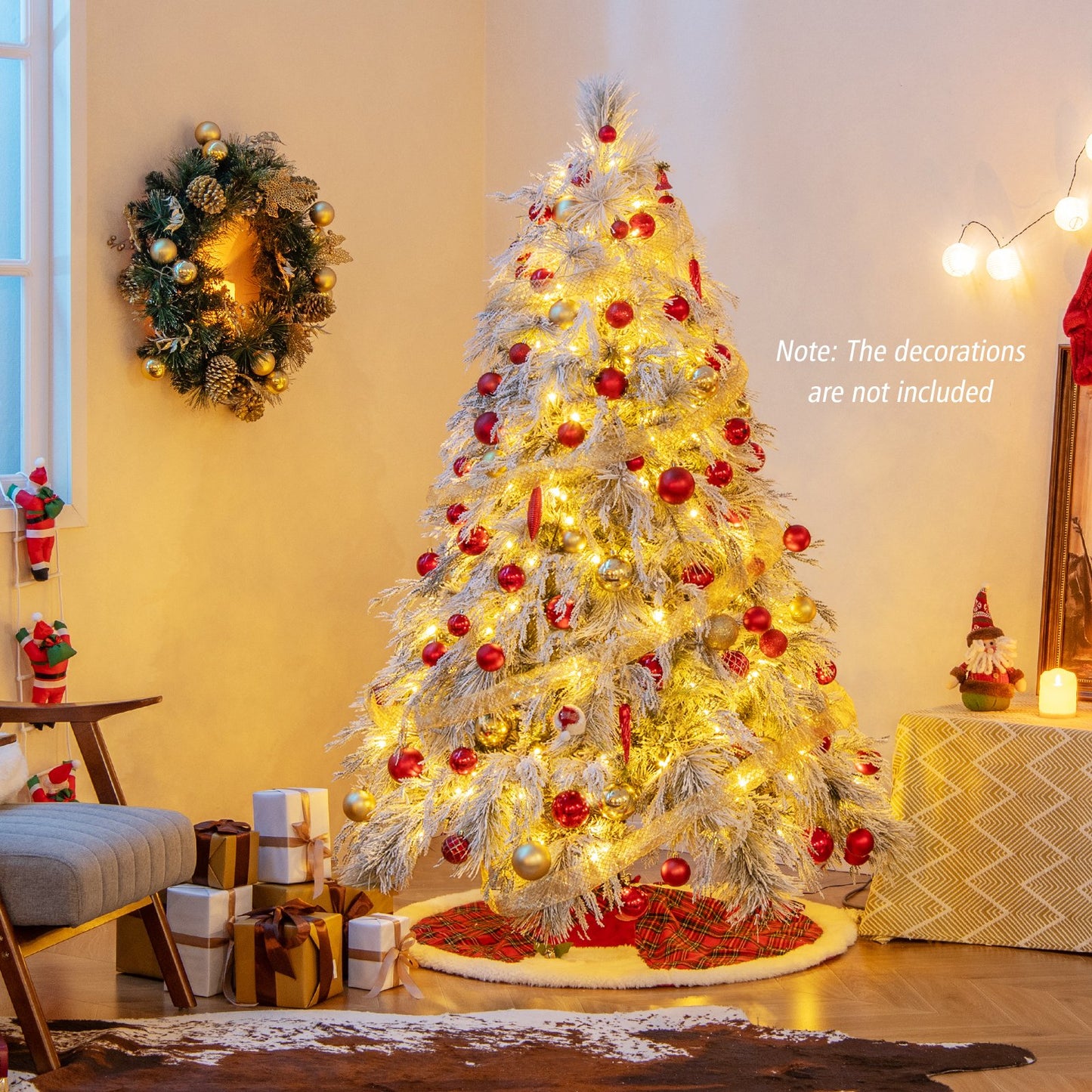 4.5/6/7 Feet Pre-Lit Snow Flocked Christmas Tree with Warm White LED Lights-4.5 ft