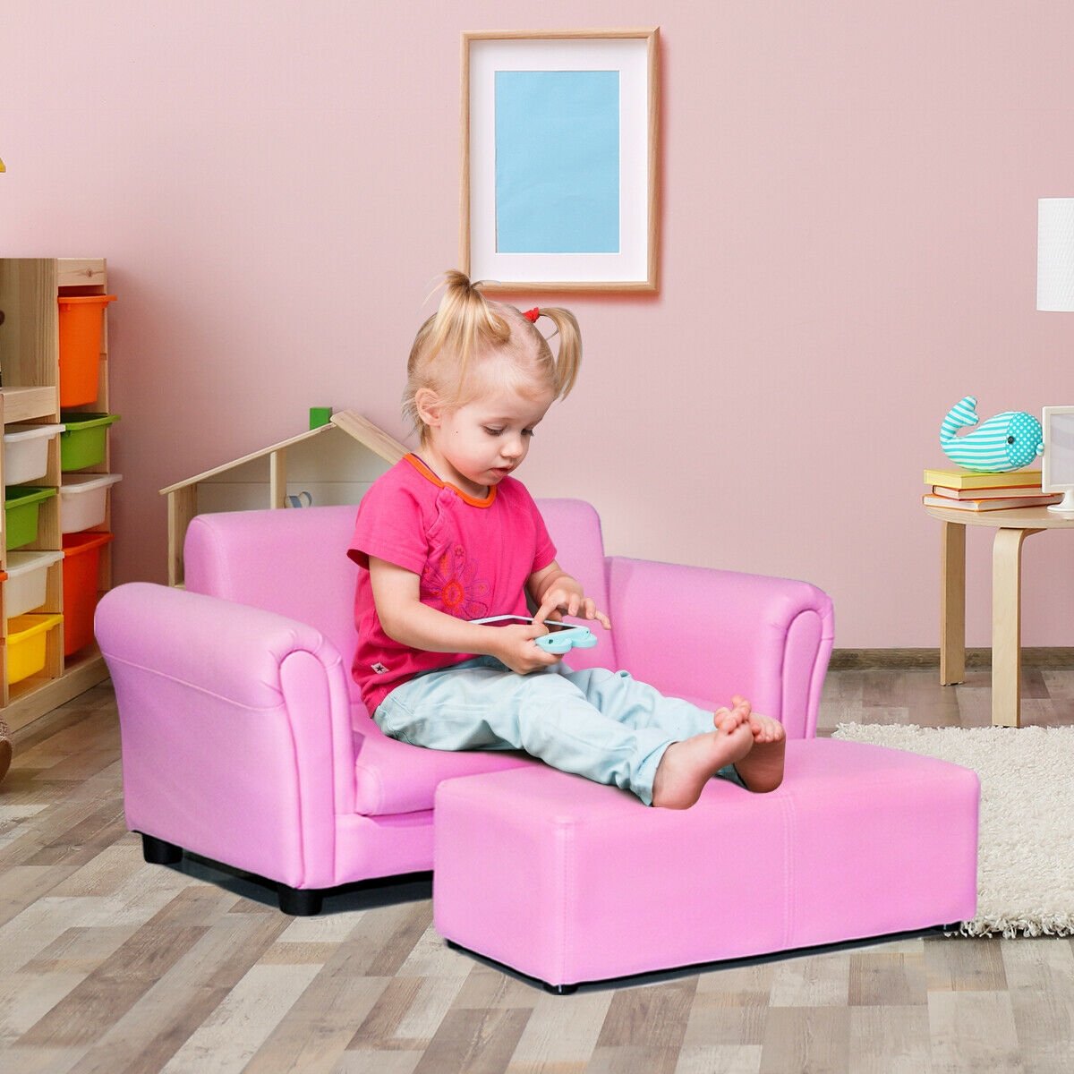 Black/White Kids Double Sofa with Ottoman-Black