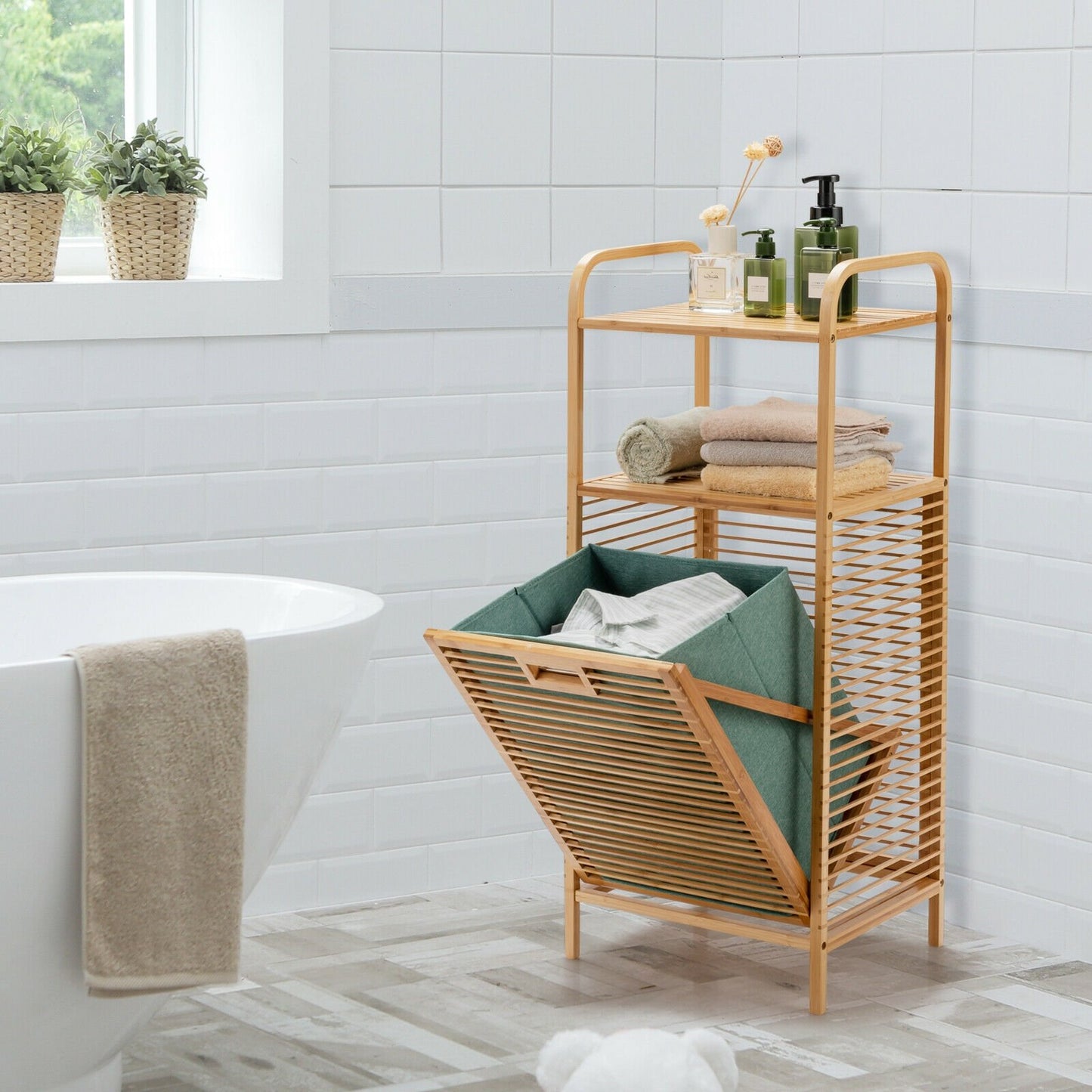 Tilt-out Bamboo Laundry Hamper with 2-Tier Shelf and Removable Liner-Natural