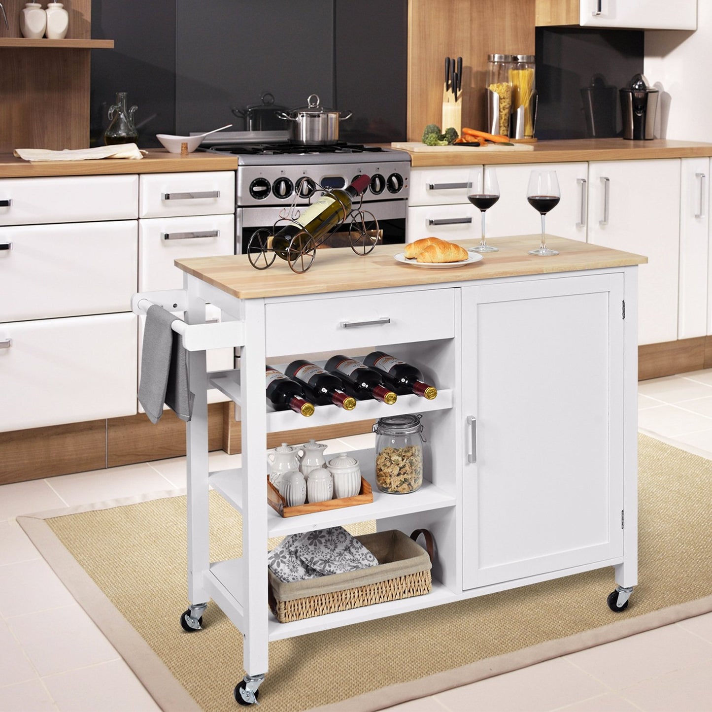 Kitchen Island Cart Rolling Serving Cart Wood Trolley-Brown