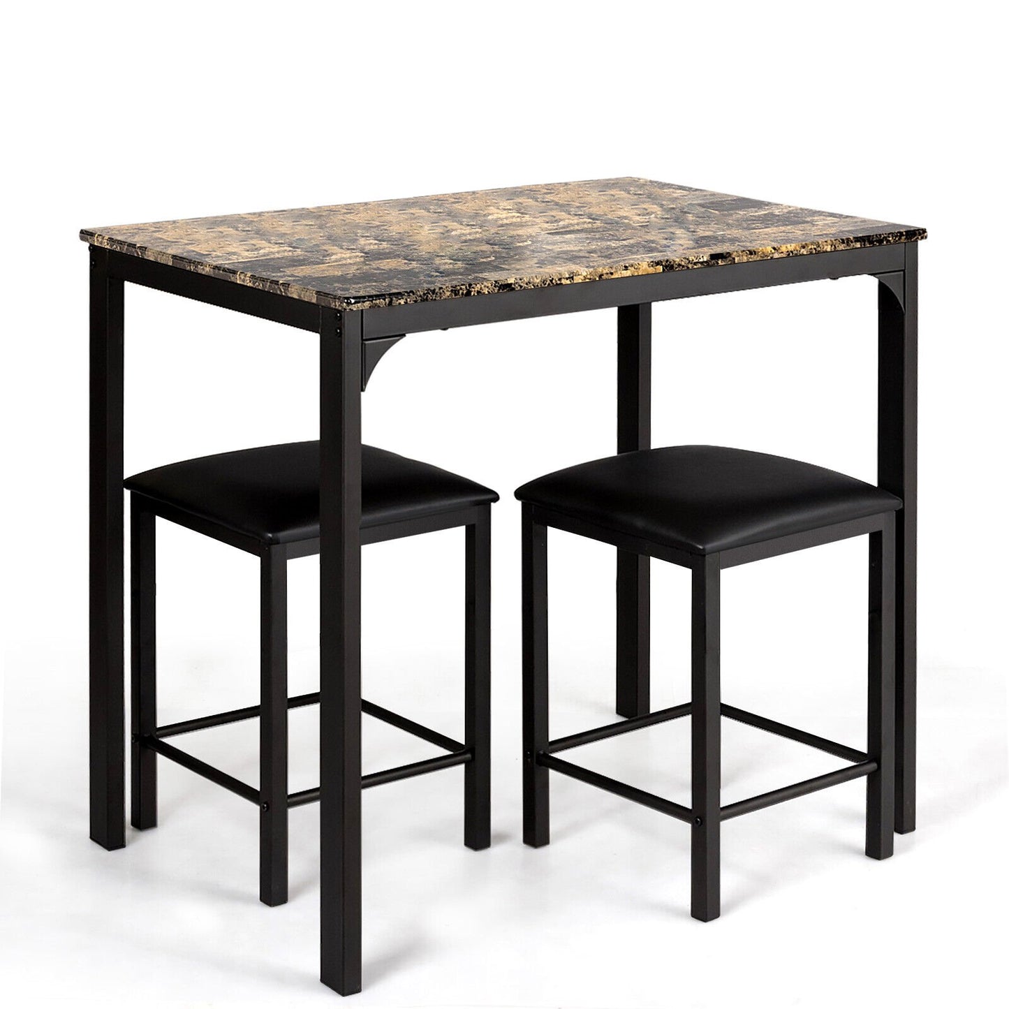 3 Pieces Counter Height Dining Set Faux Marble Table-Black