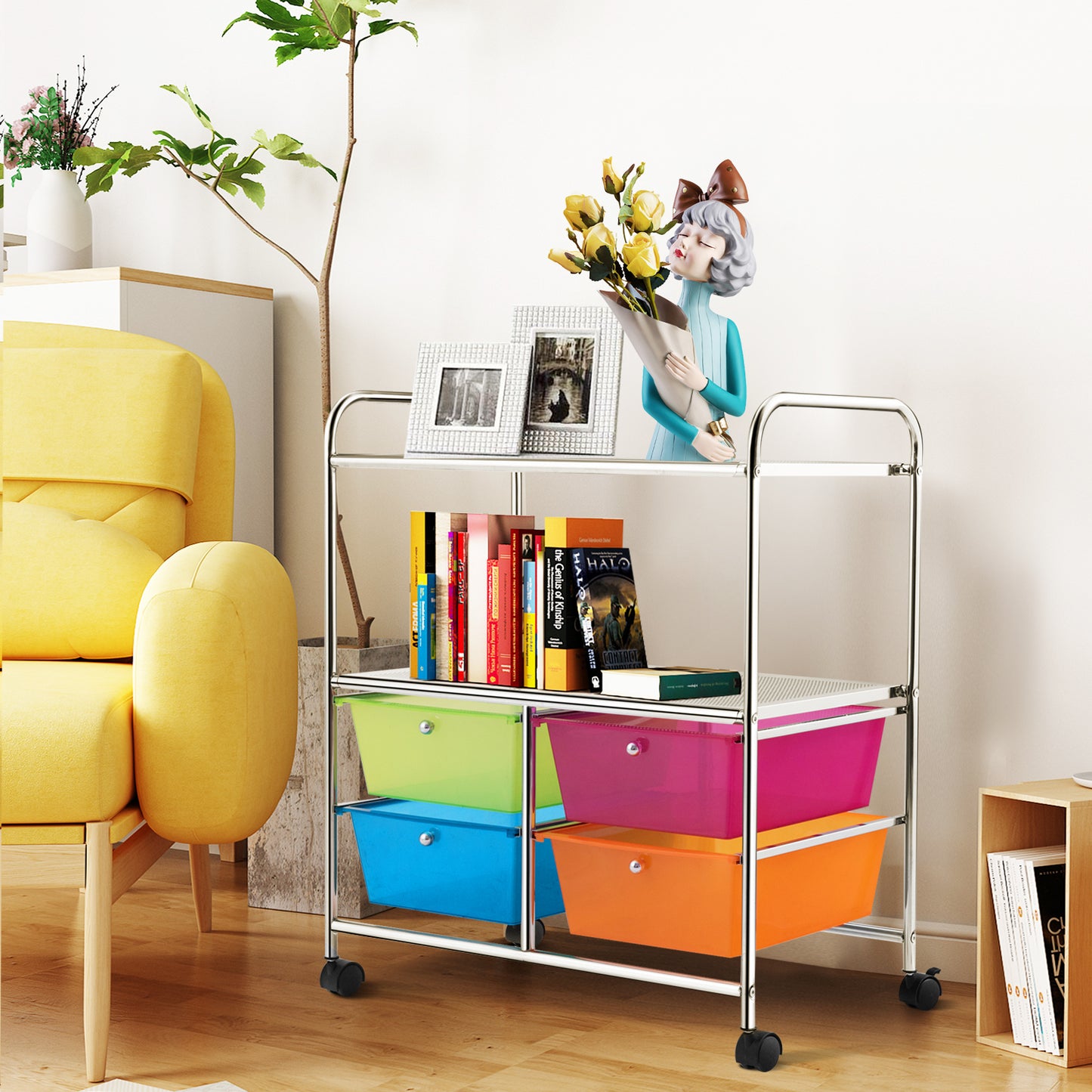 4 Drawers Shelves Rolling Storage Cart Rack-Black