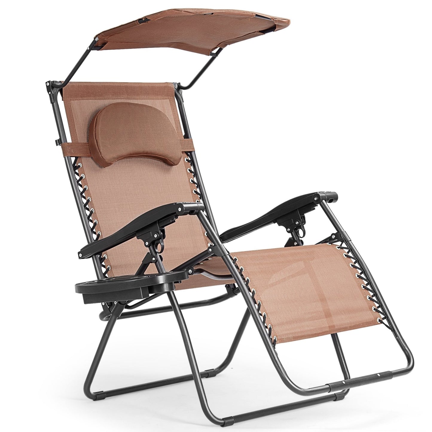 Folding Recliner Lounge Chair w/ Shade Canopy Cup Holder-Black