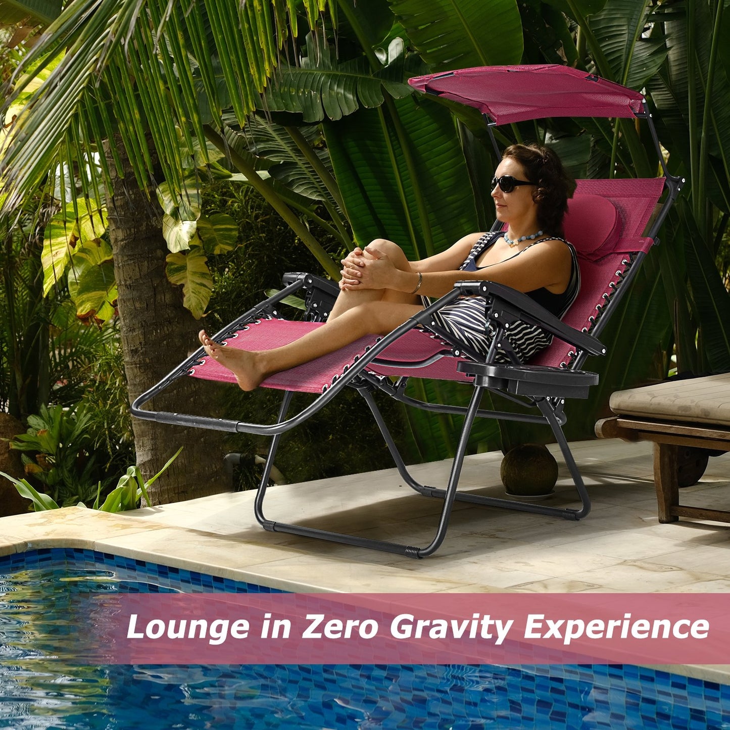 Folding Recliner Lounge Chair w/ Shade Canopy Cup Holder-Black