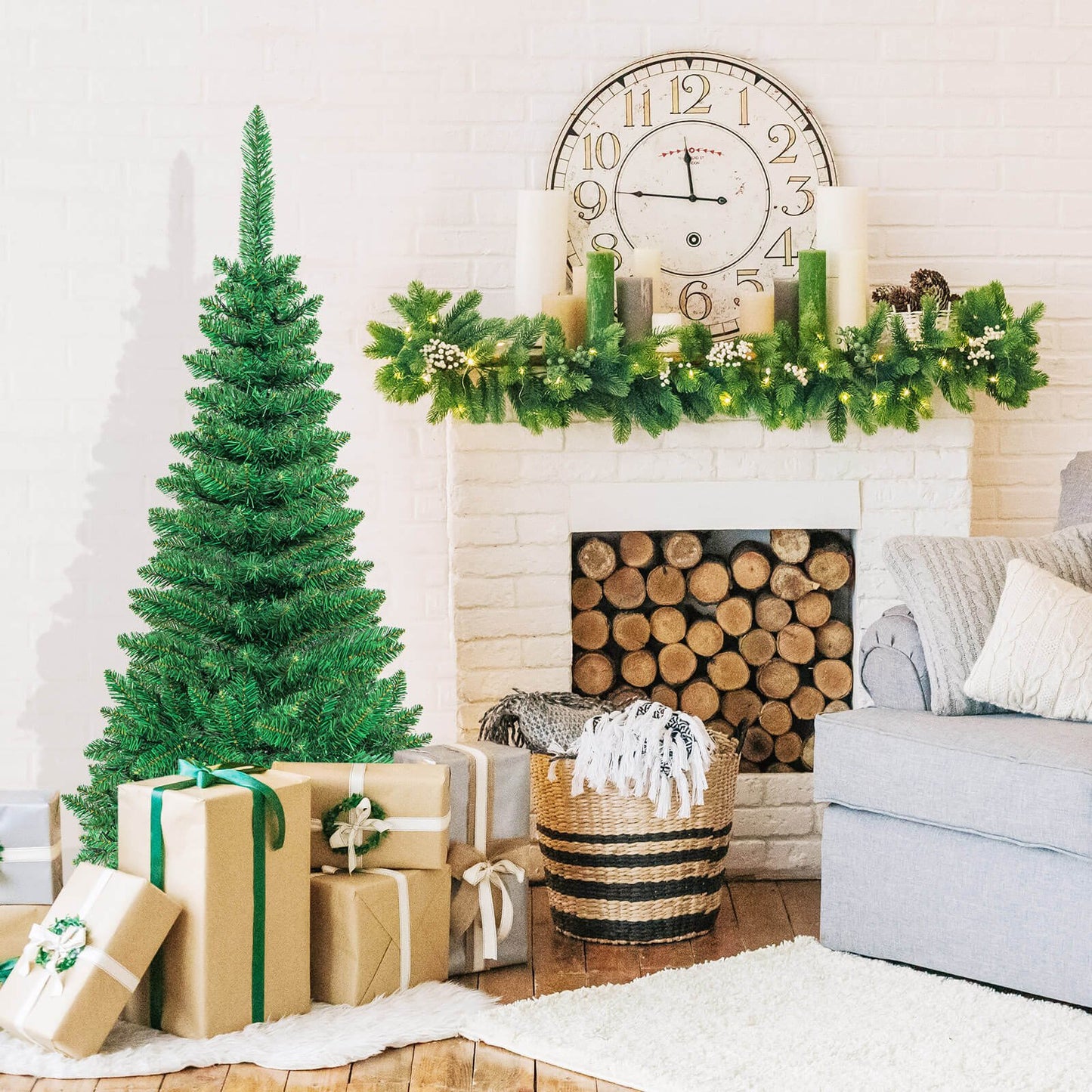 6.5 Feet Pre-Lit Hinged Artificial Pencil Christmas Tree-6.5 ft