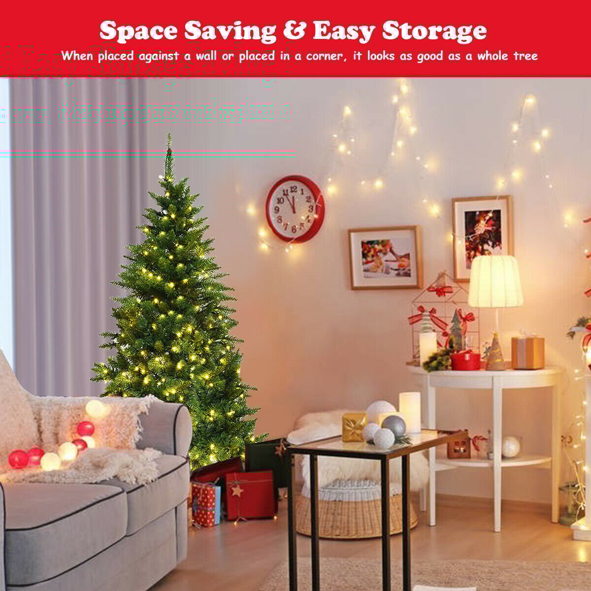 Pre-Lit Artificial Half National Christmas Tree with 8 Flash Modes-6 ft