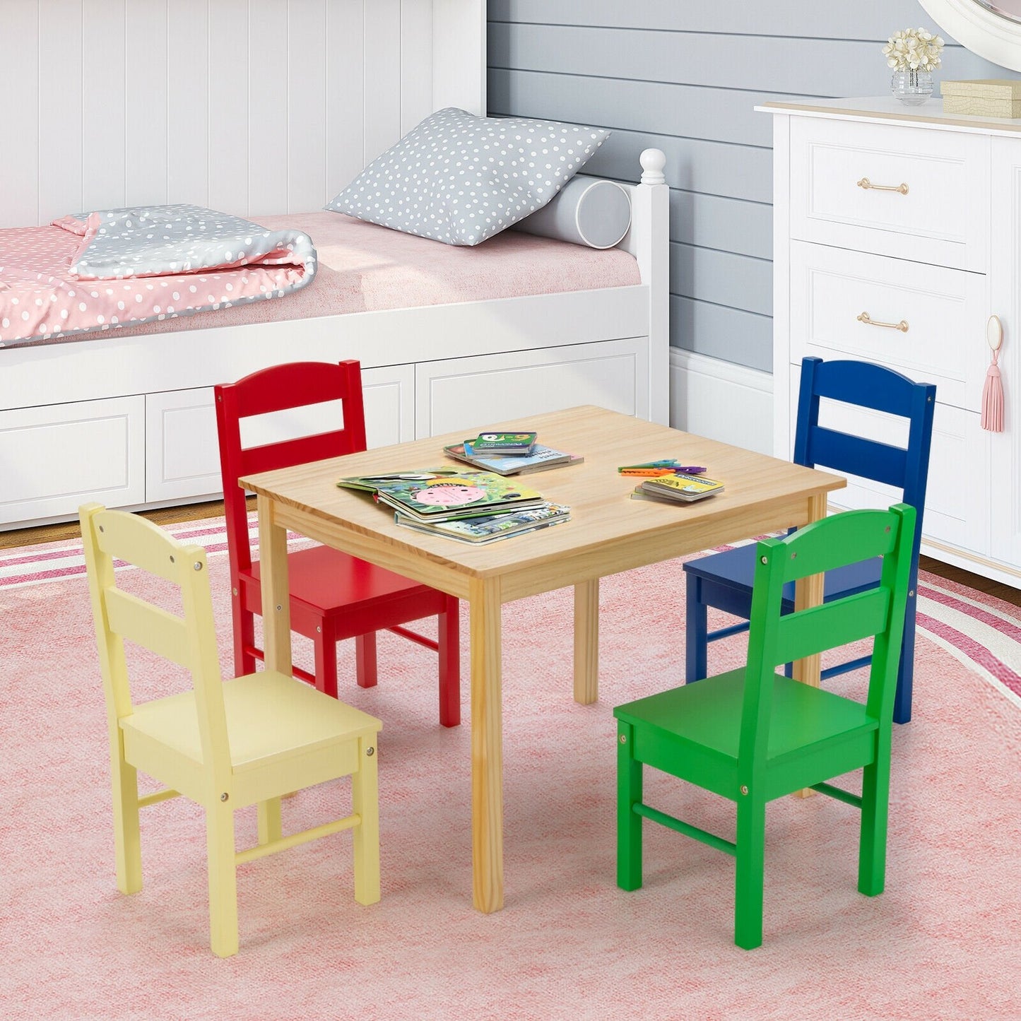 5 Pieces Kids Pine Wood Table Chair Set-Clear
