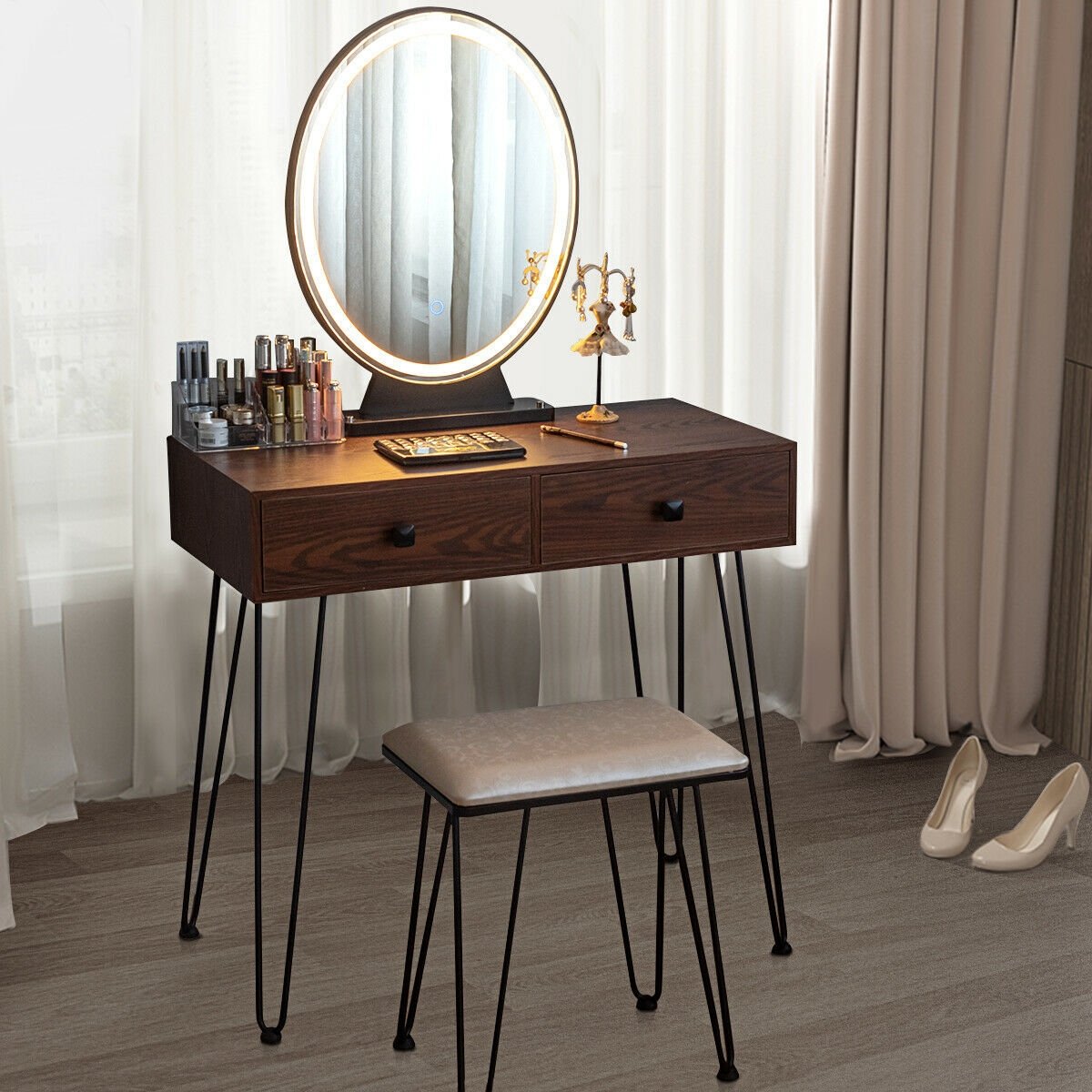 Industrial Makeup Dressing Table with 3 Lighting Modes-Rustic Brown