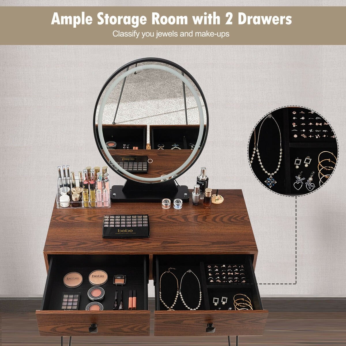 Industrial Makeup Dressing Table with 3 Lighting Modes-Rustic Brown
