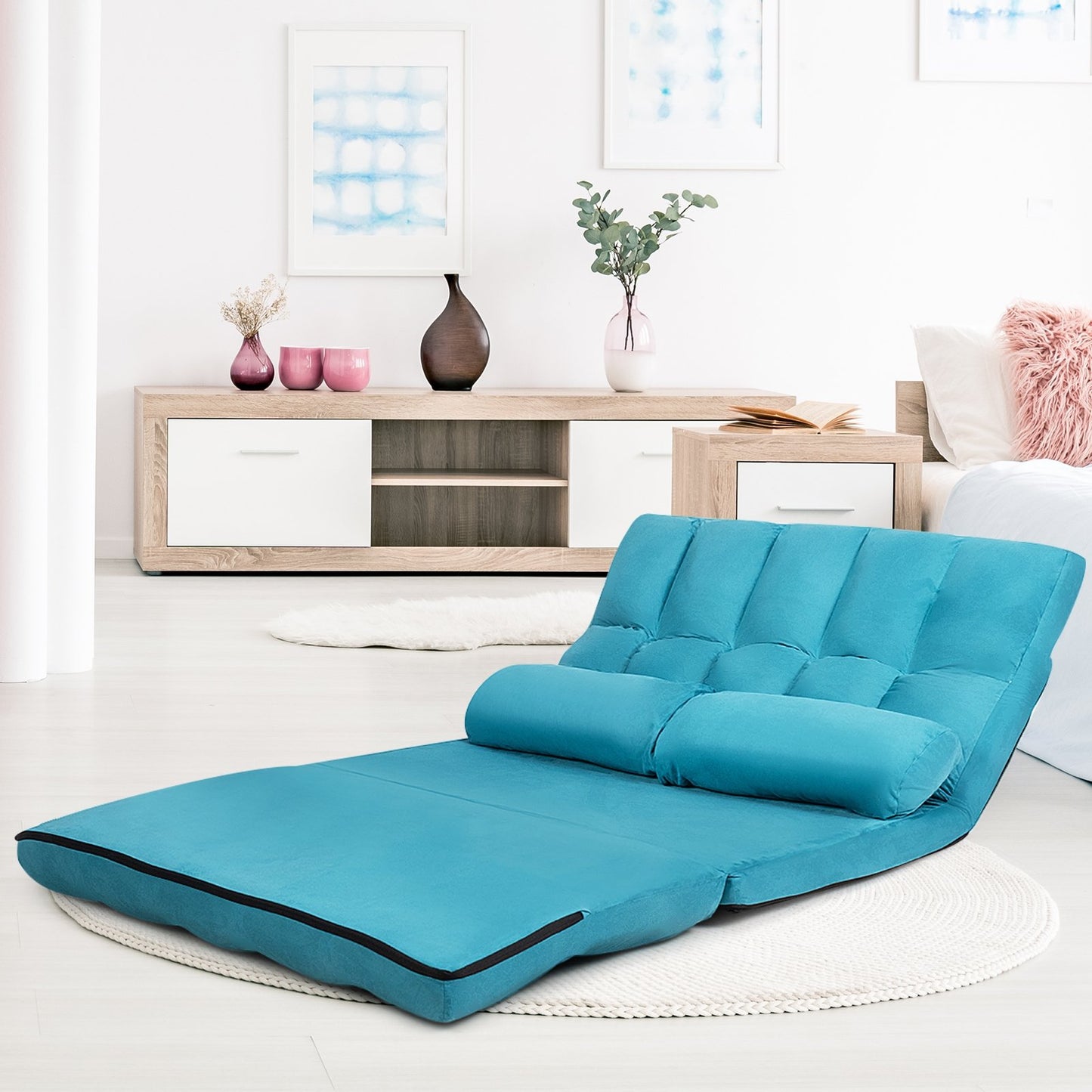 Foldable Floor 6-Position Adjustable Lounge Couch-Beige