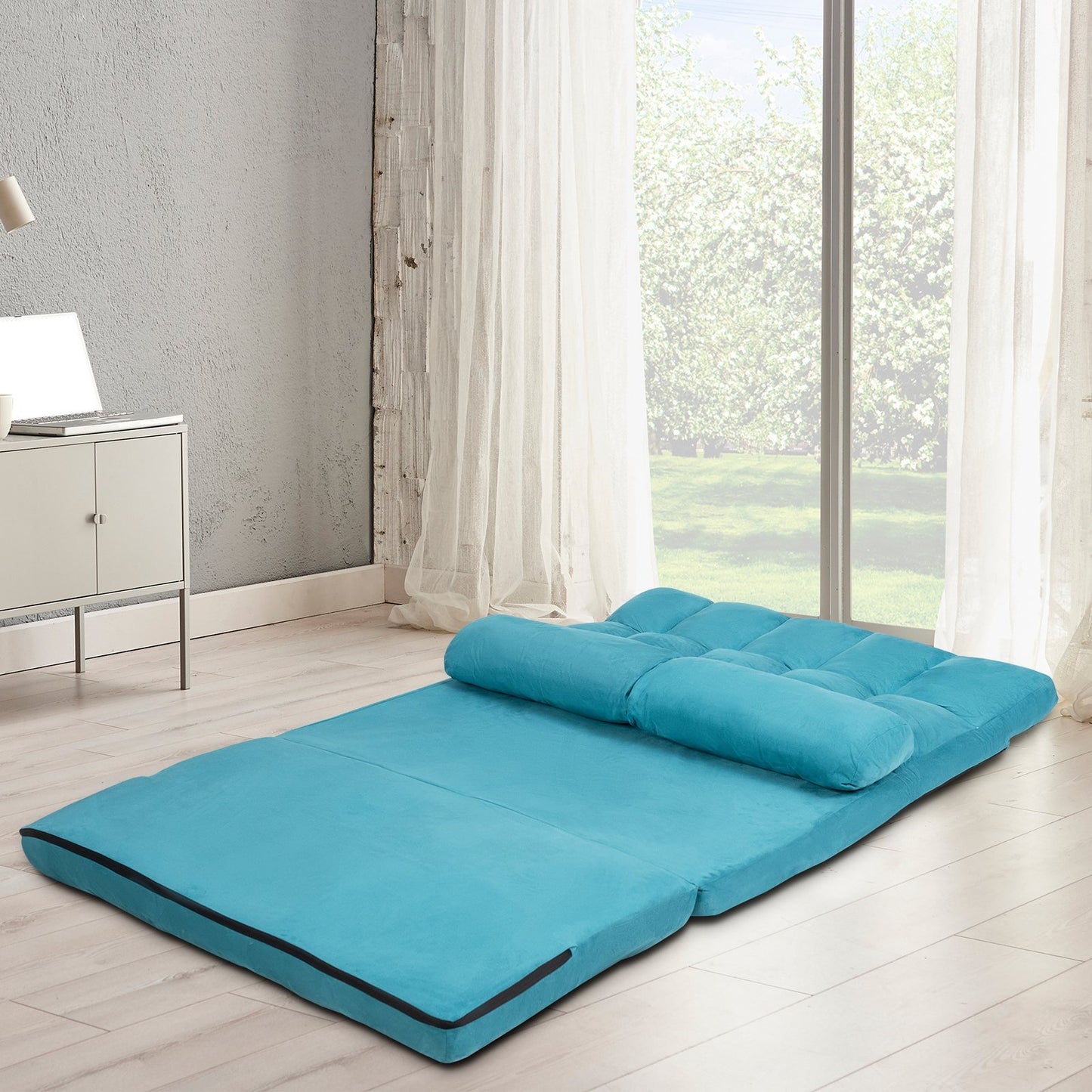 Foldable Floor 6-Position Adjustable Lounge Couch-Beige