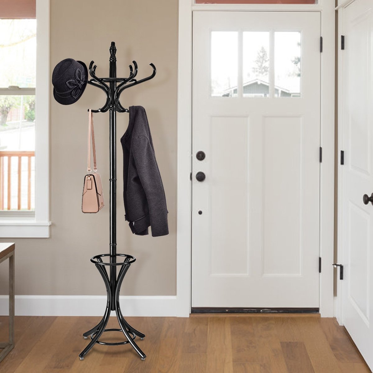 Wood Standing Hat Coat Rack w/ Umbrella Stand-Black