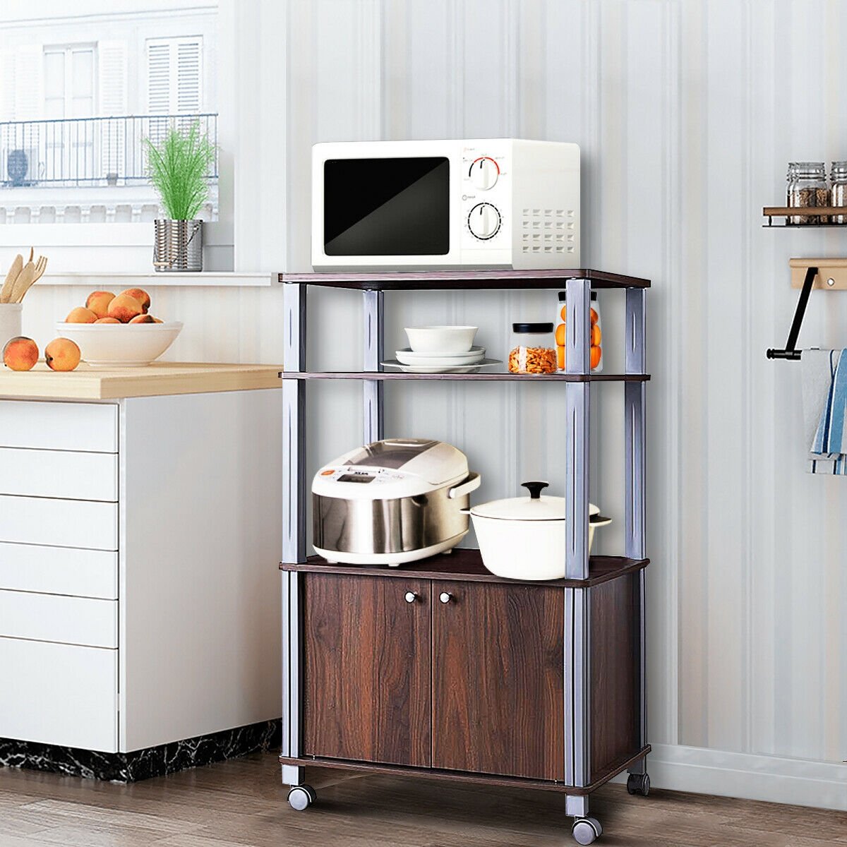 Microwave Rack Stand Rolling Storage Cart-Black