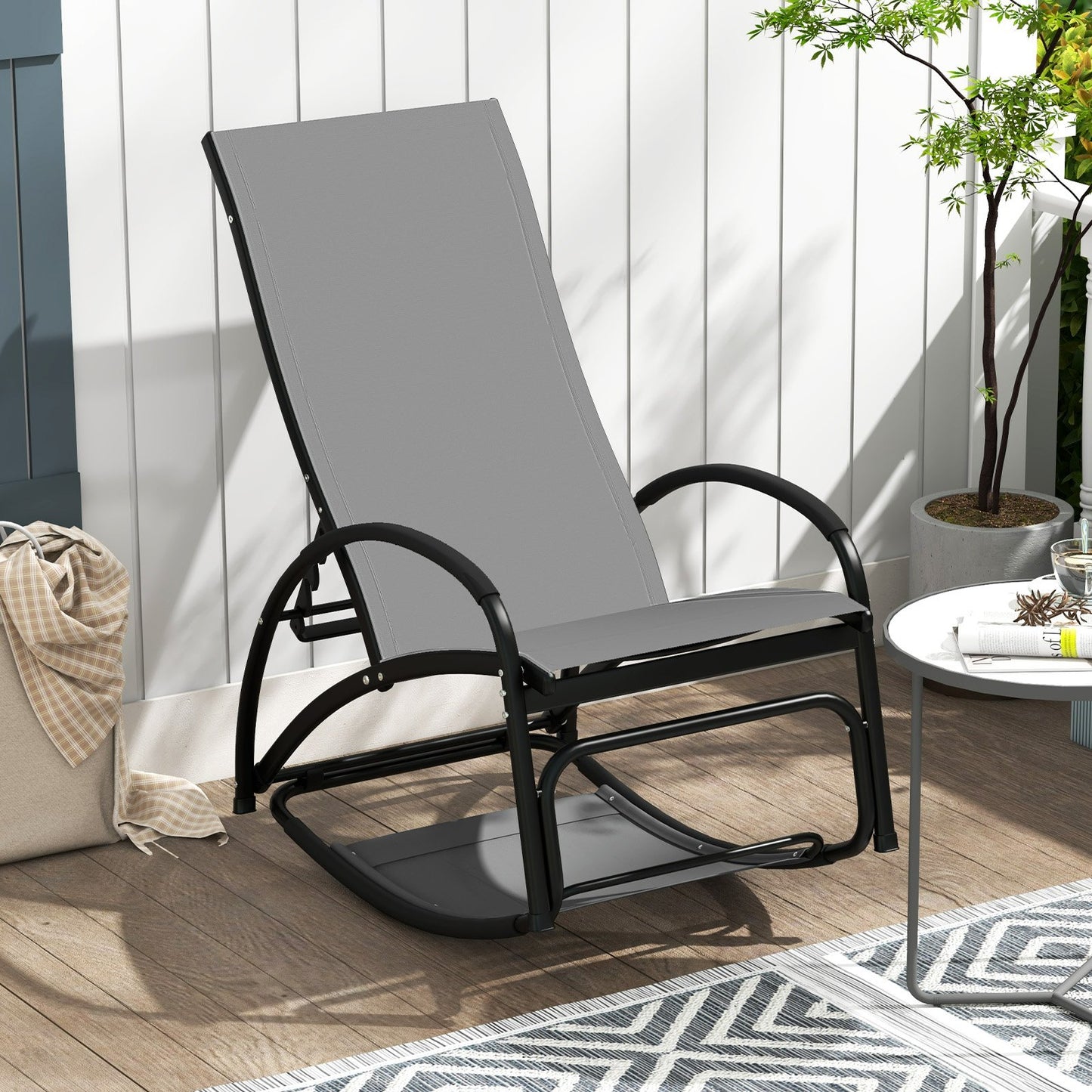 2-in-1 Outdoor Rocking Chair with 4-Position Adjustable Backrest for Patio Porch Poolside-Beige