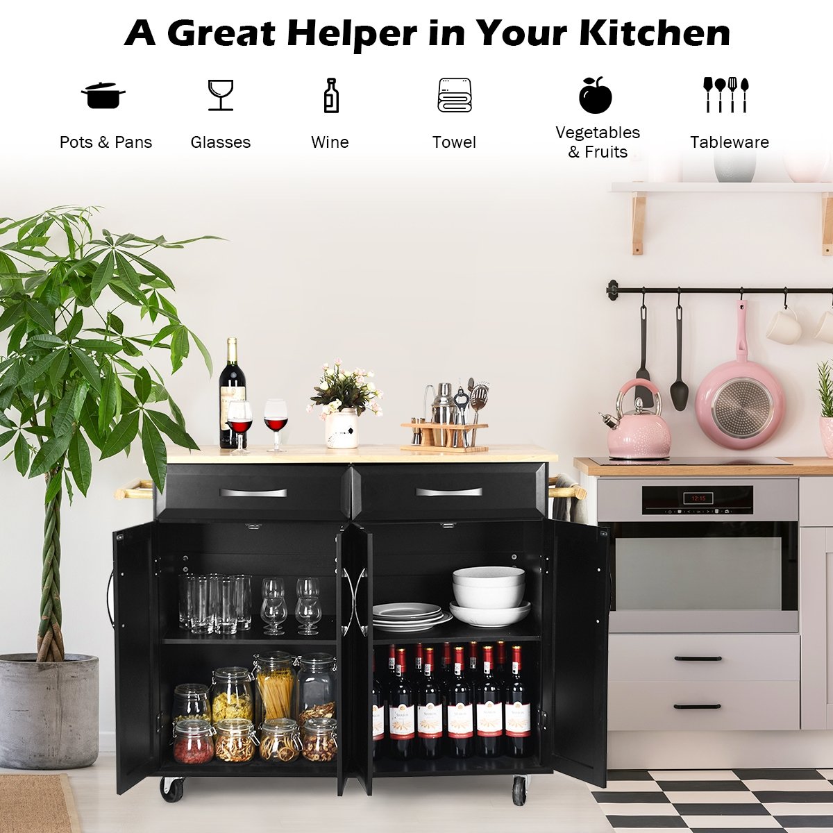 Wood Top Rolling Kitchen Trolley Island Cart Storage Cabinet-Black