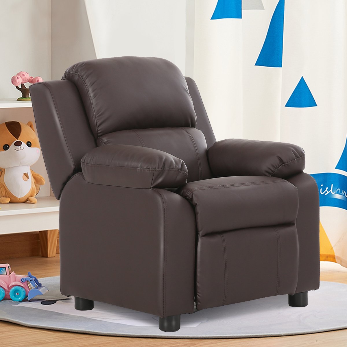 Kids Deluxe Headrest Recliner Sofa Chair with Storage Arms-Black