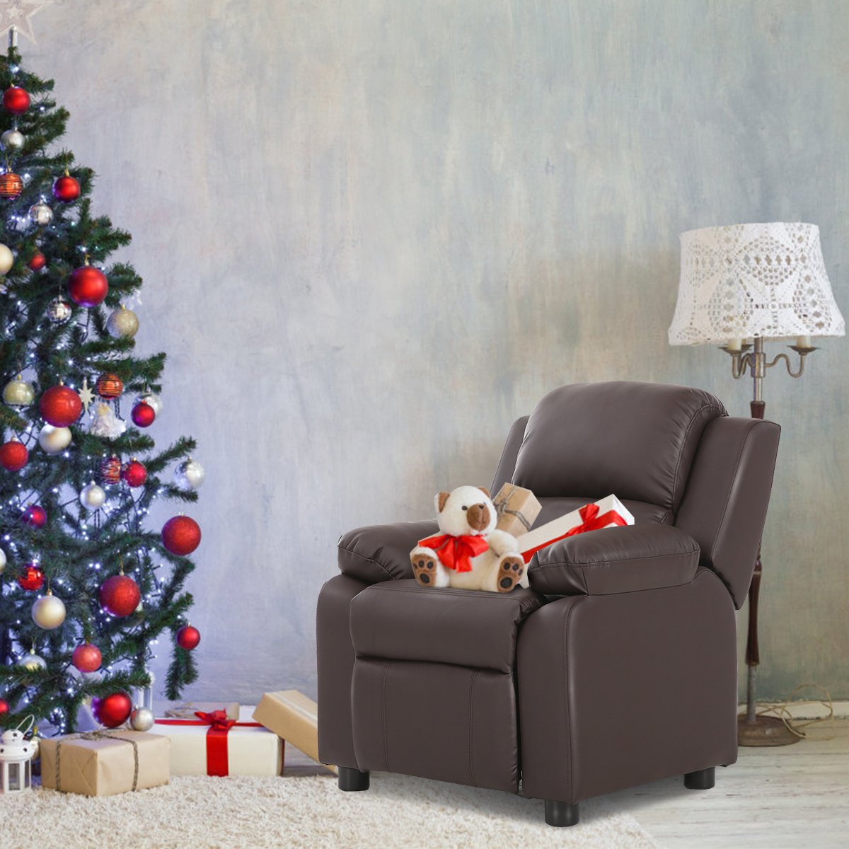 Kids Deluxe Headrest Recliner Sofa Chair with Storage Arms-Black