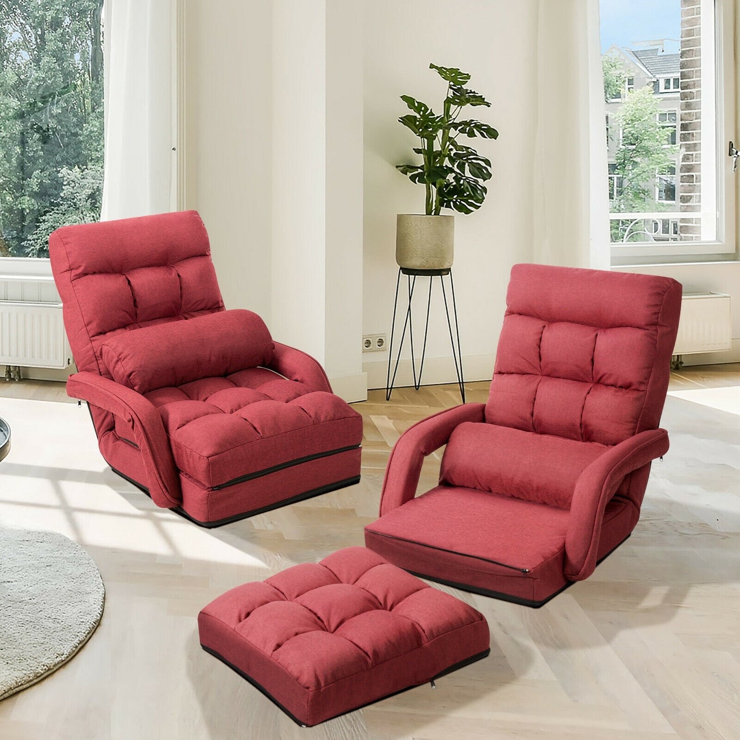 Folding Lazy Floor Chair Sofa with Armrests and Pillow-Blue