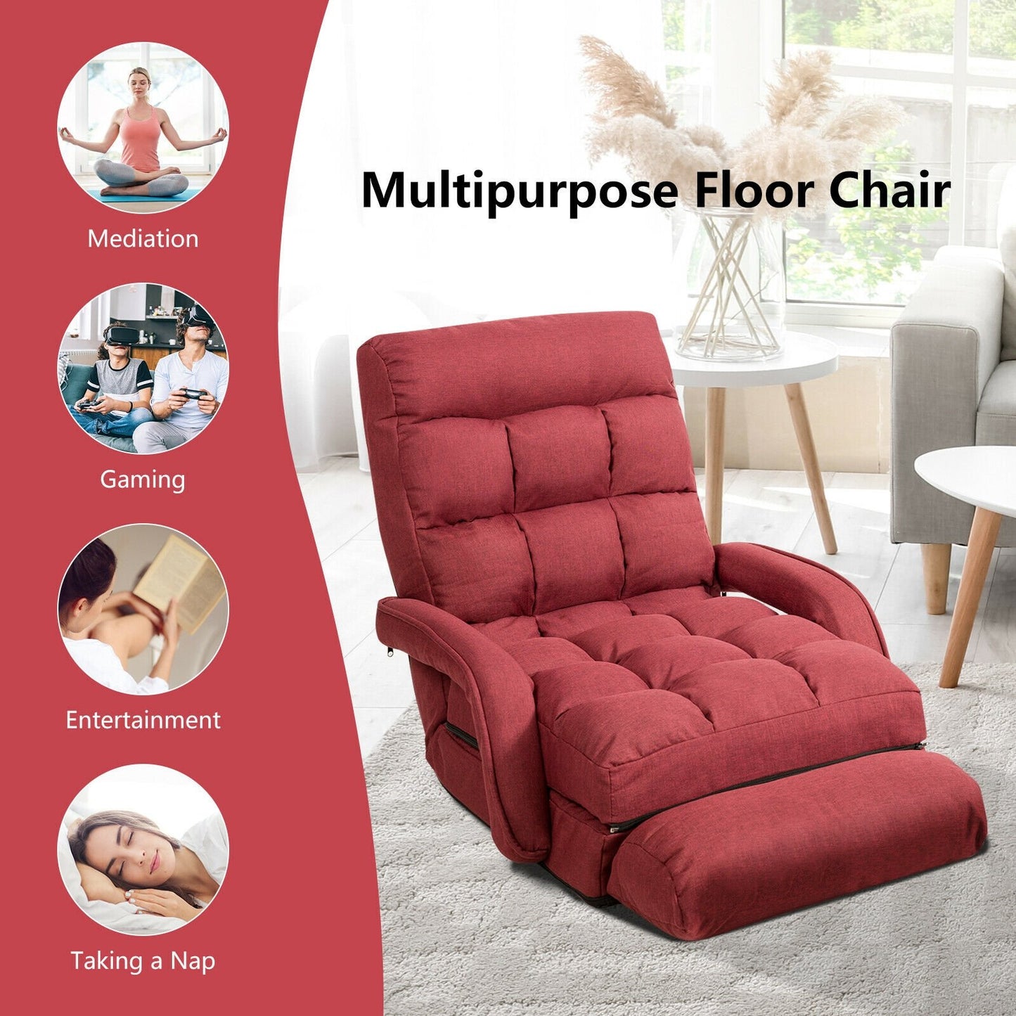 Folding Lazy Floor Chair Sofa with Armrests and Pillow-Blue