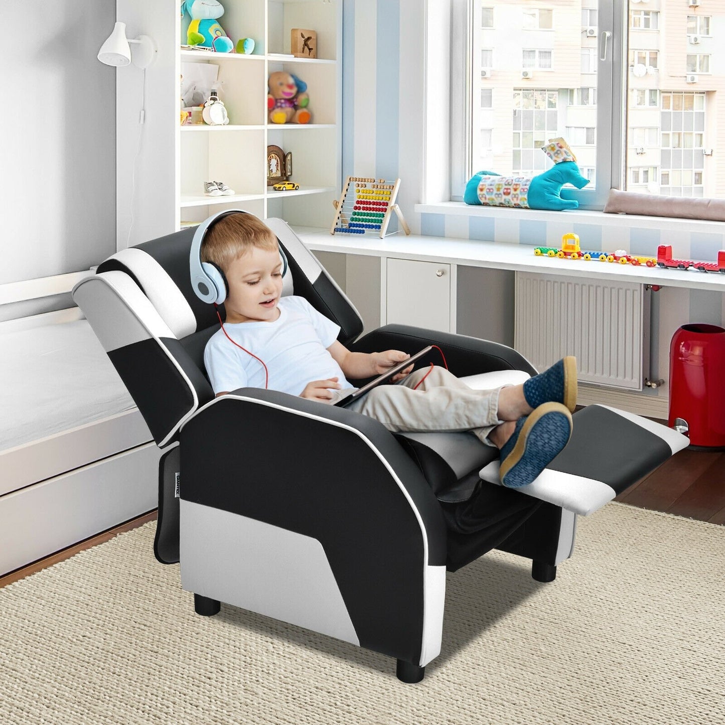 Kids Youth PU Leather Gaming Sofa Recliner with Headrest and Footrest-Blue