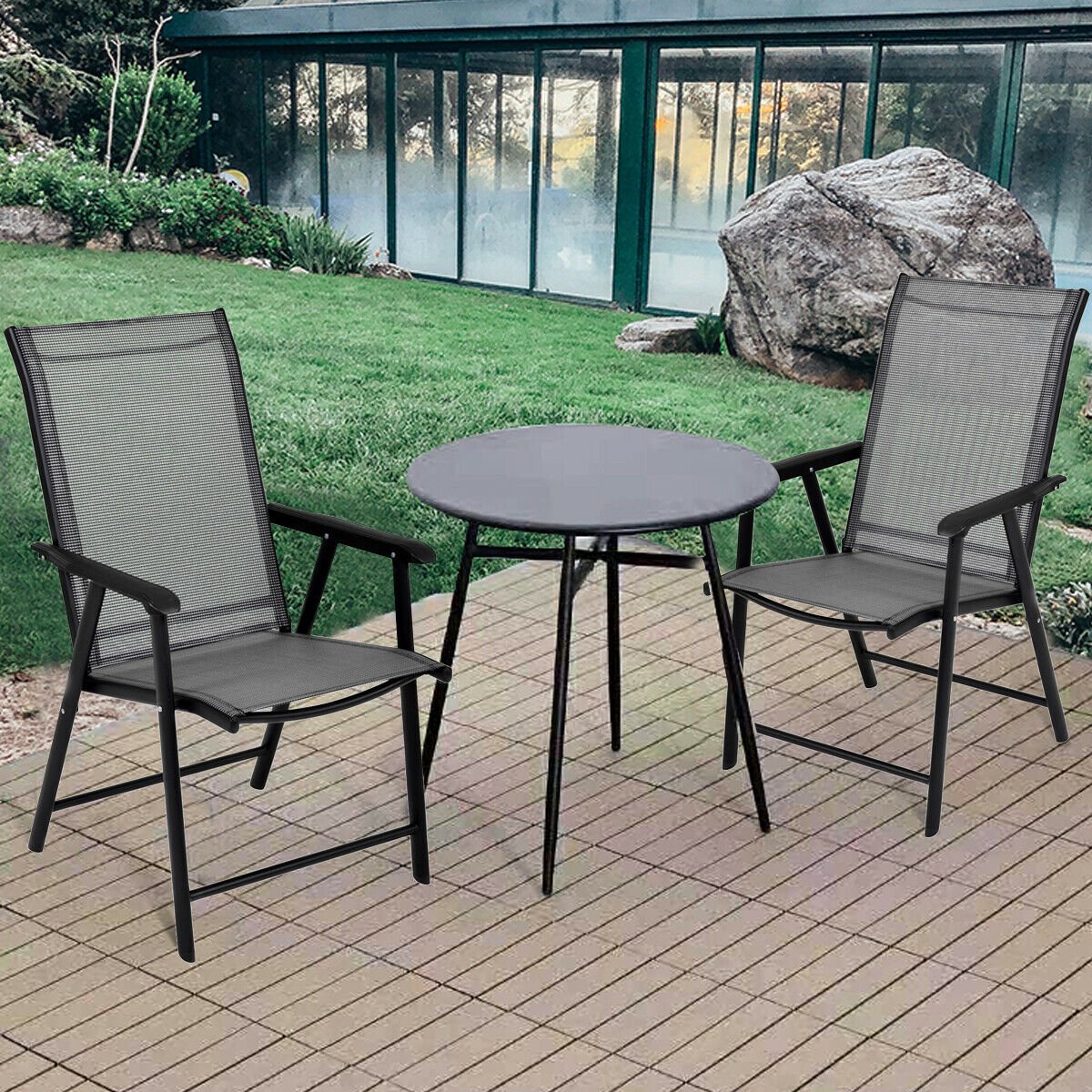 Set of 2 Outdoor Patio Folding Chair with Ergonomic Armrests-Black