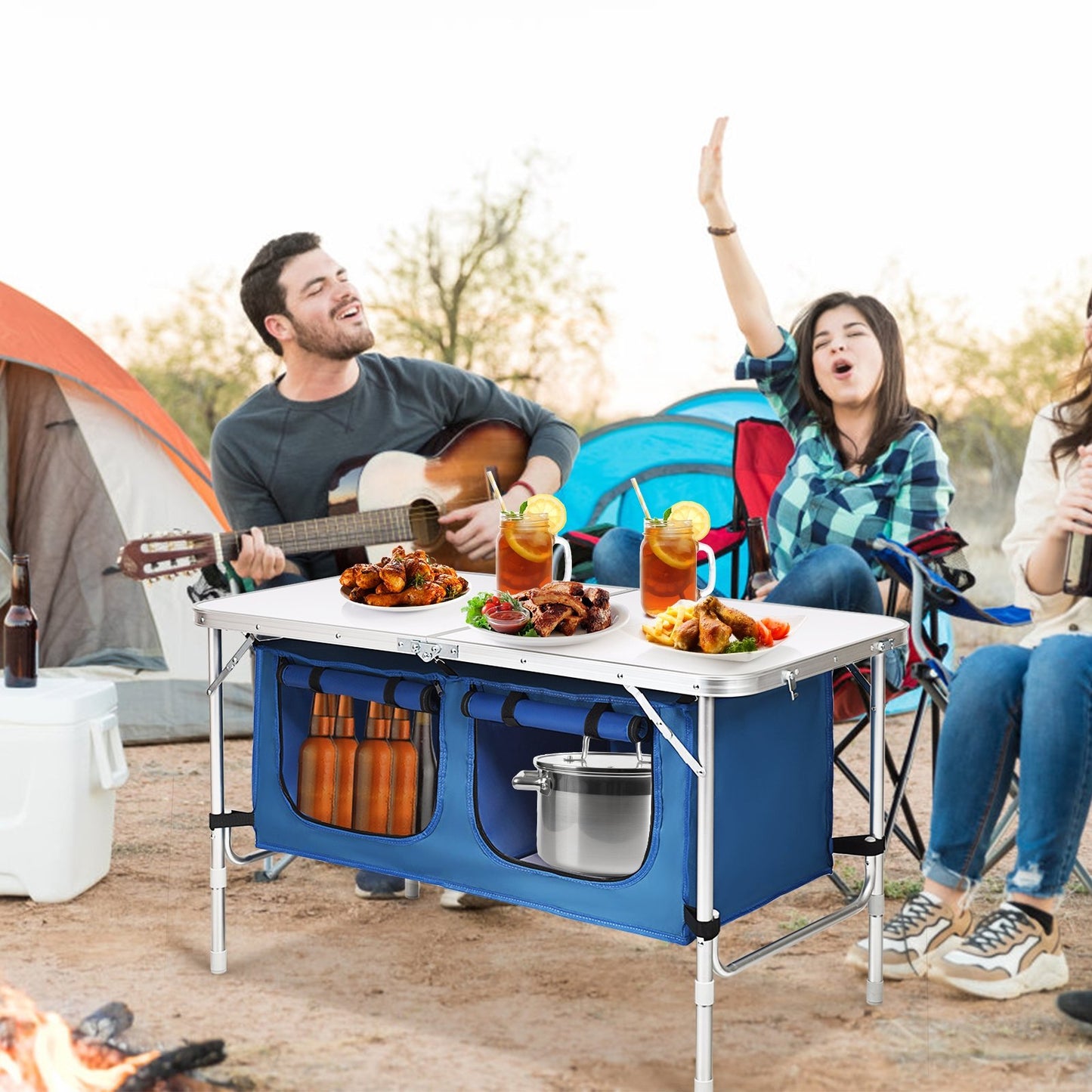 Height Adjustable Folding Camping Table-Blue