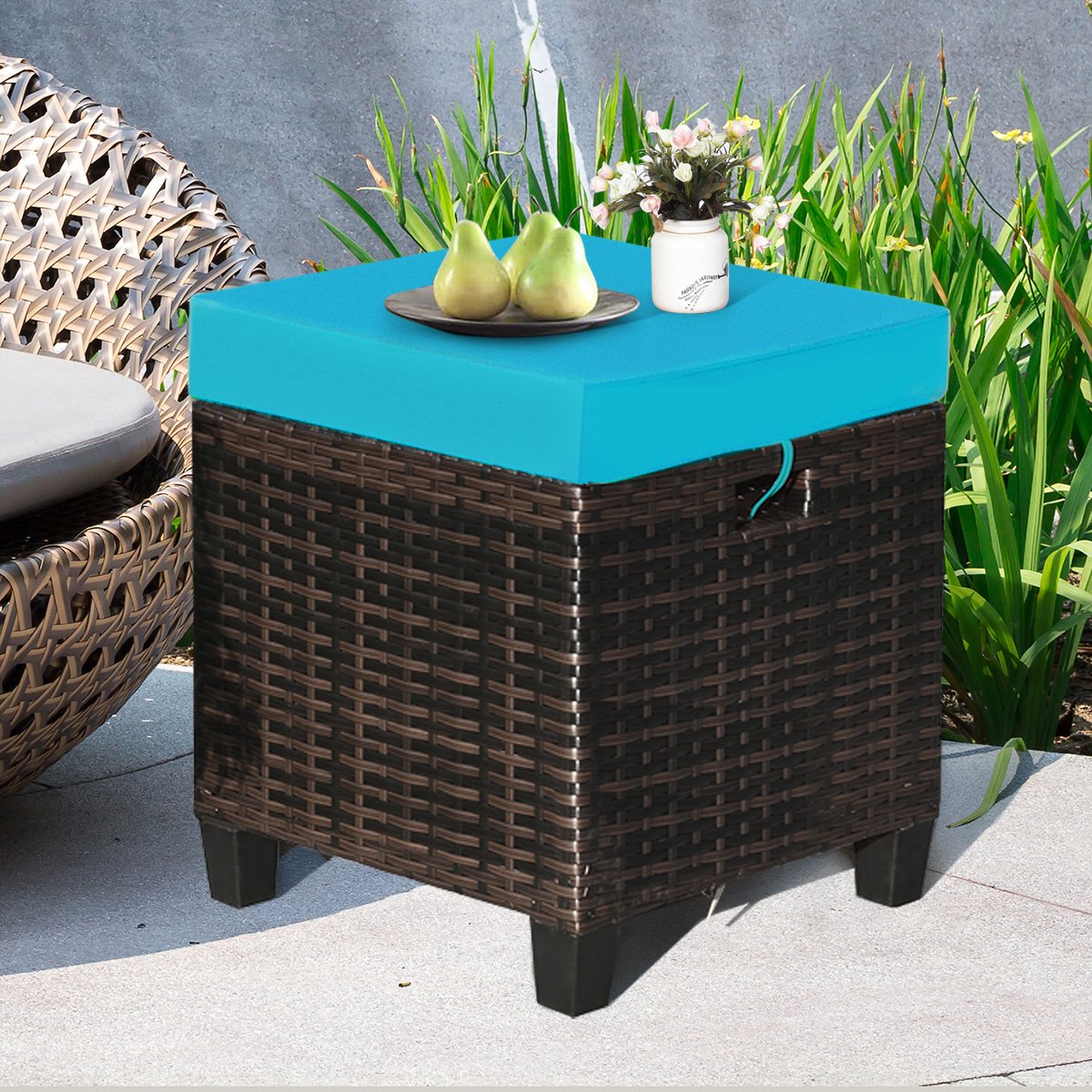2 Pcs Patio Rattan Ottoman Cushioned Seat Foot Rest-Beige