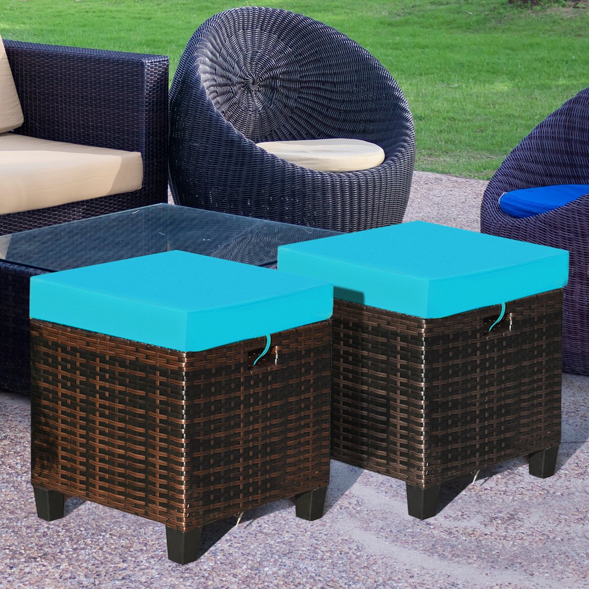 2 Pcs Patio Rattan Ottoman Cushioned Seat Foot Rest-Beige