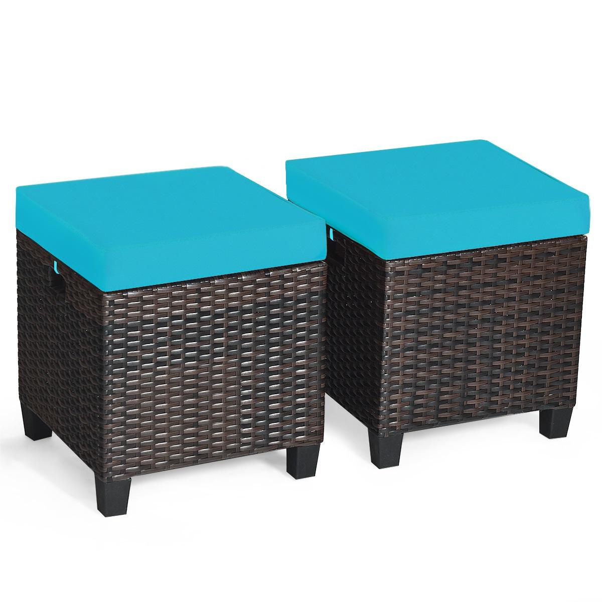 2 Pcs Patio Rattan Ottoman Cushioned Seat Foot Rest-Beige