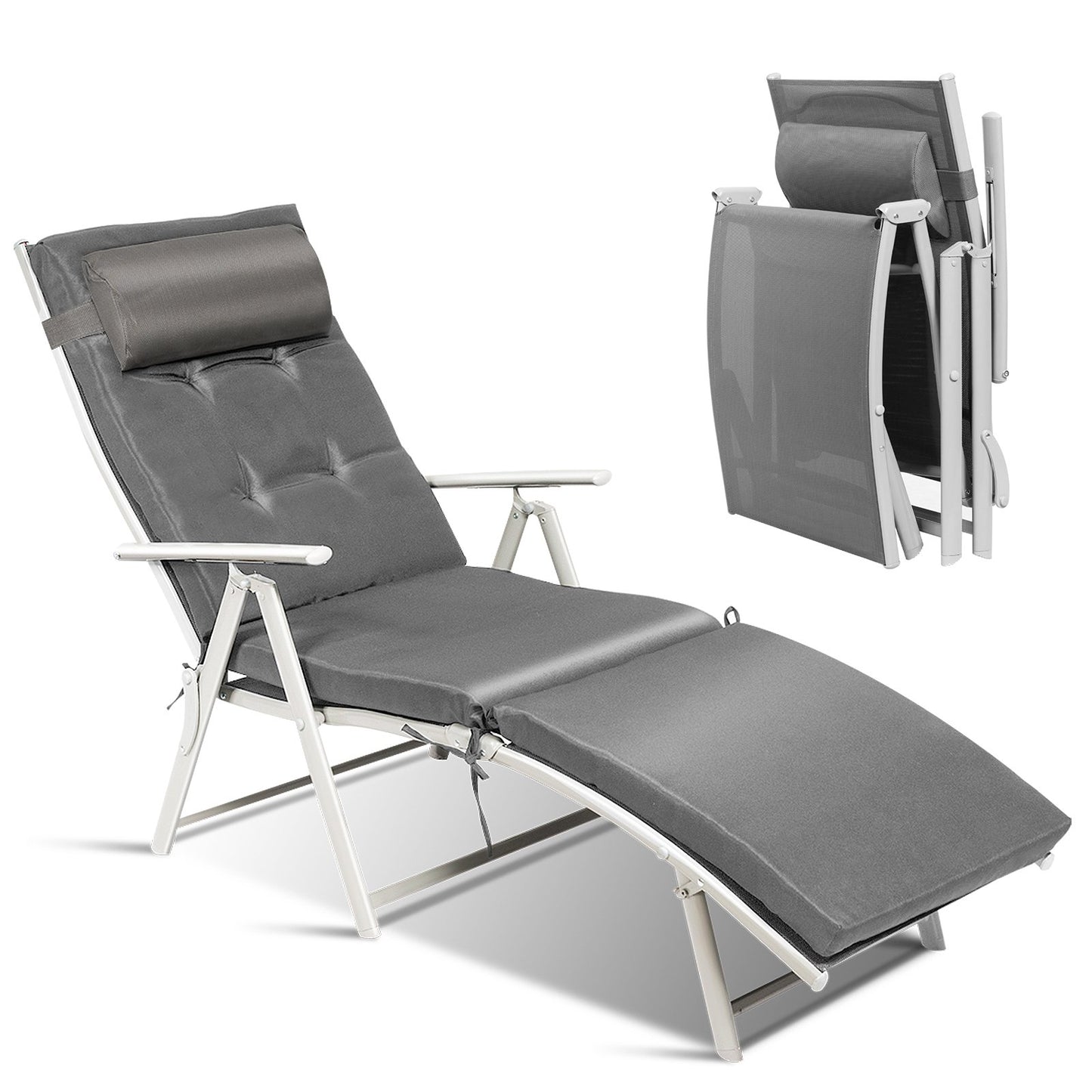 Adjustable Outdoor Lightweight Folding Chaise Lounge Chair with Pillow-Black