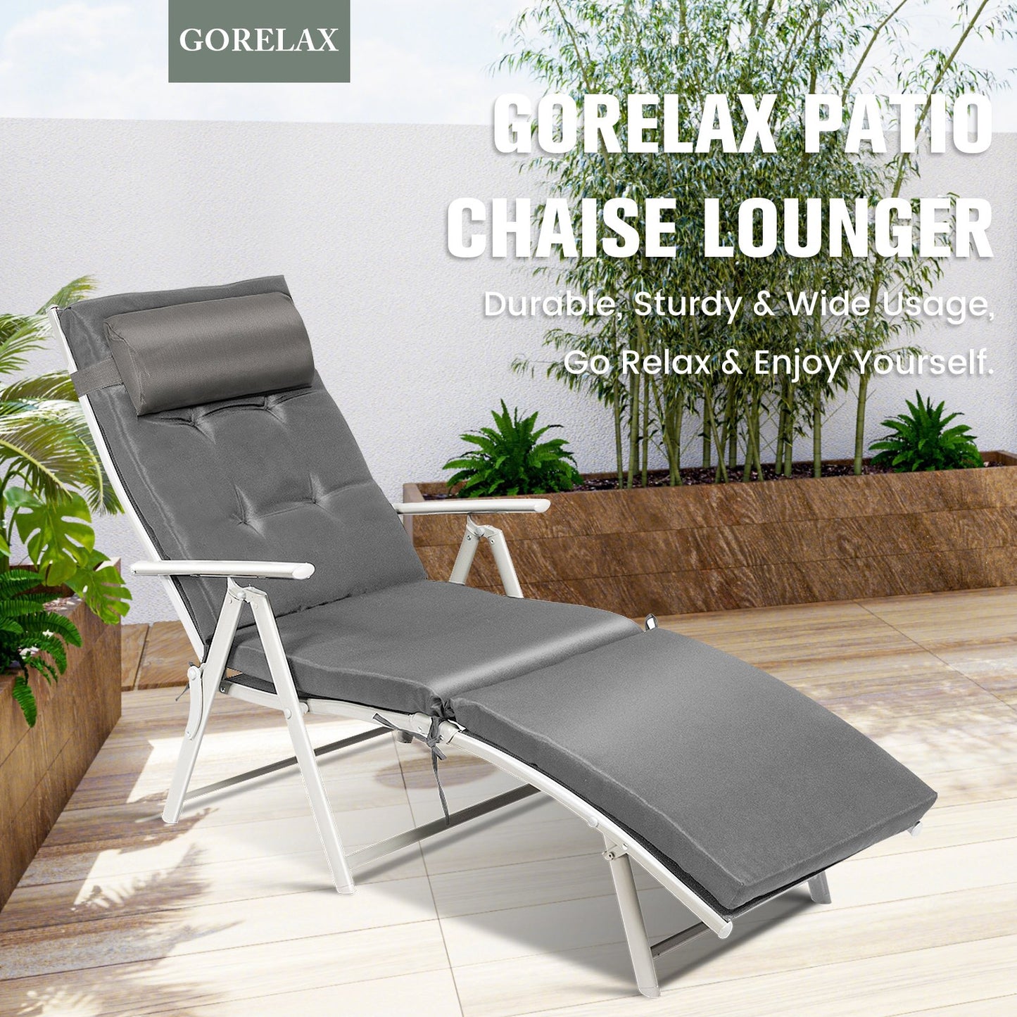 Adjustable Outdoor Lightweight Folding Chaise Lounge Chair with Pillow-Black