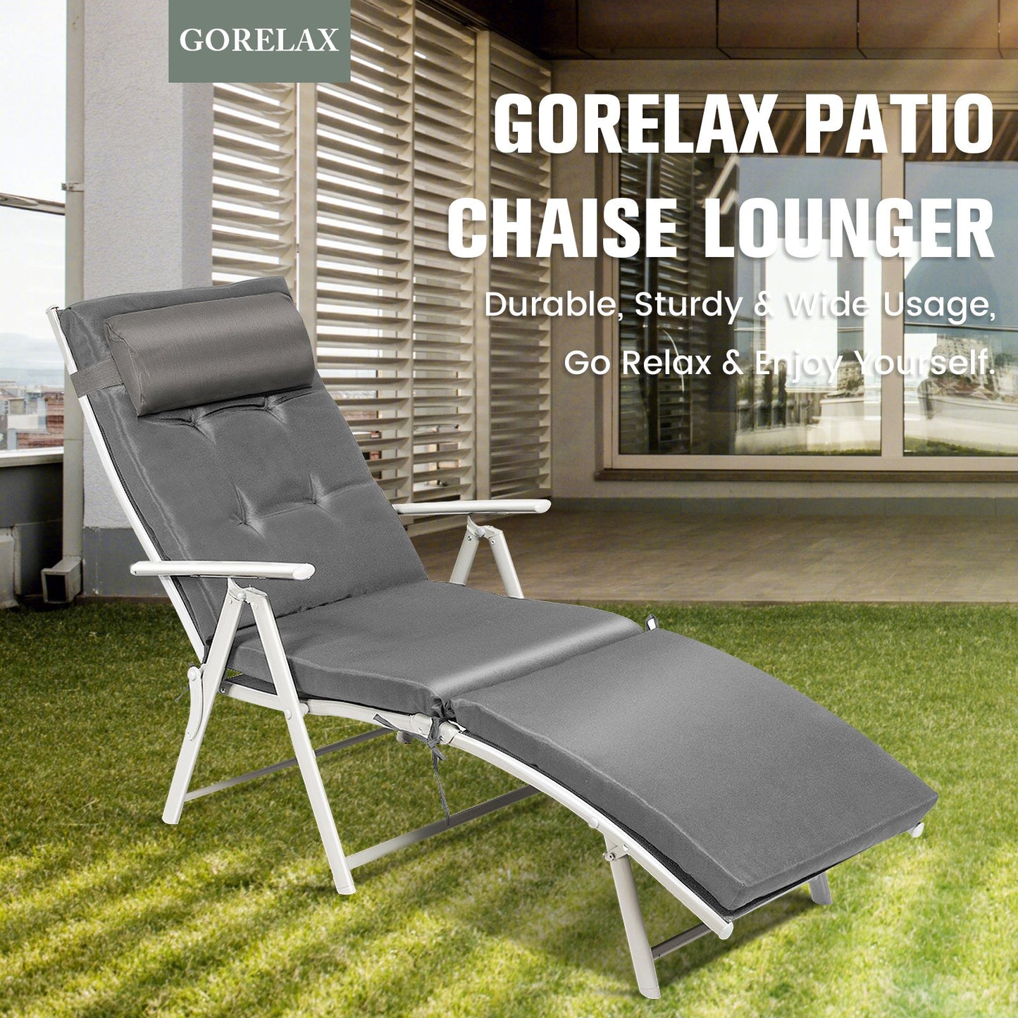 Adjustable Outdoor Lightweight Folding Chaise Lounge Chair with Pillow-Black