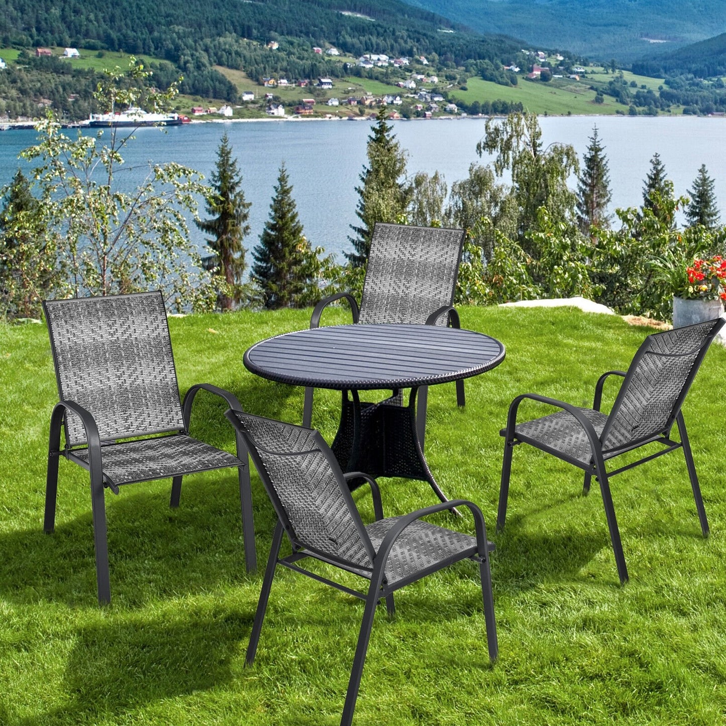 Set of 6 Outdoor PE Wicker Stackable Chairs with Sturdy Steel Frame-Brown