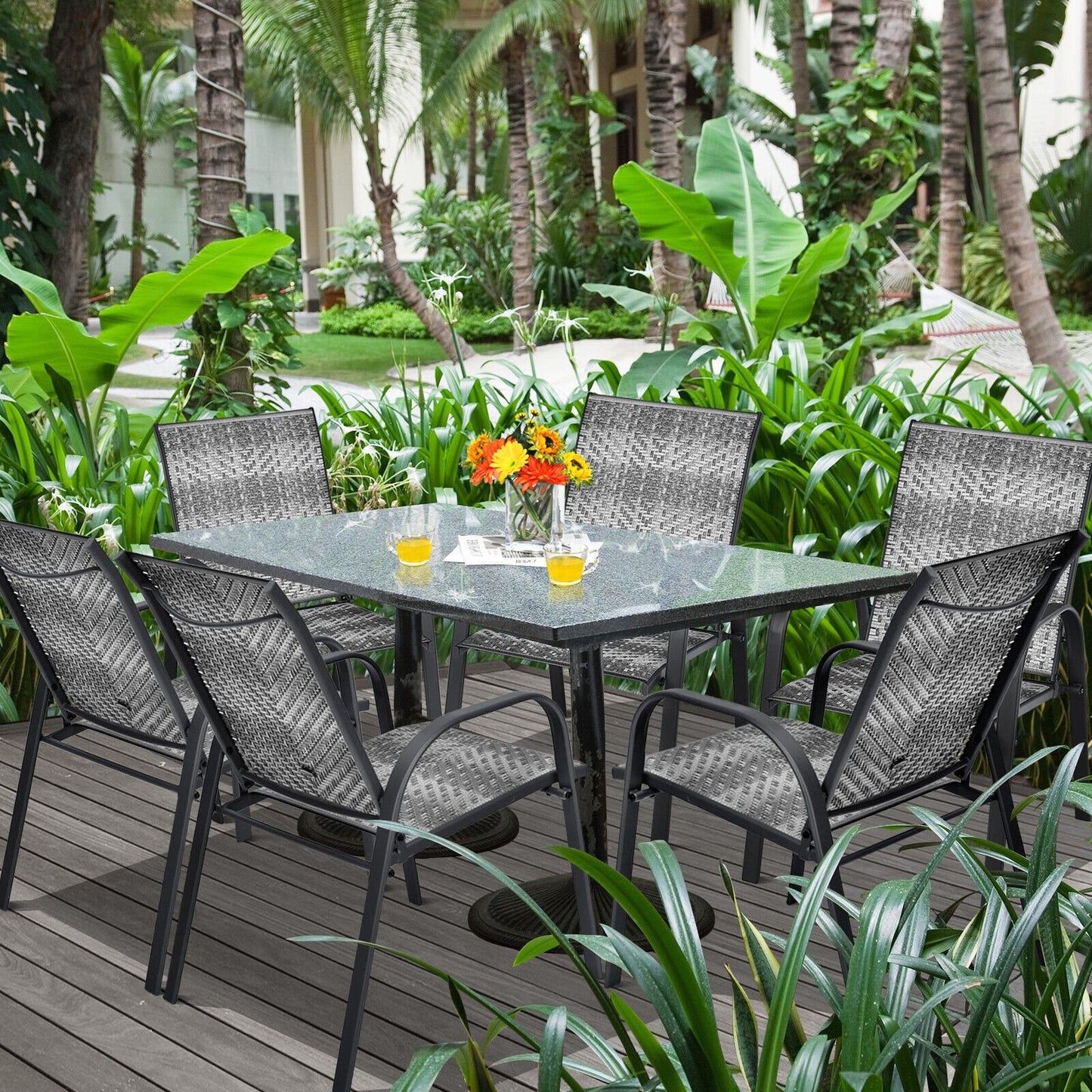 Set of 6 Outdoor PE Wicker Stackable Chairs with Sturdy Steel Frame-Brown
