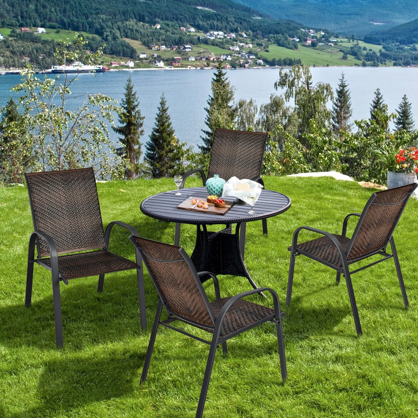 Set of 6 Outdoor PE Wicker Stackable Chairs with Sturdy Steel Frame-Brown