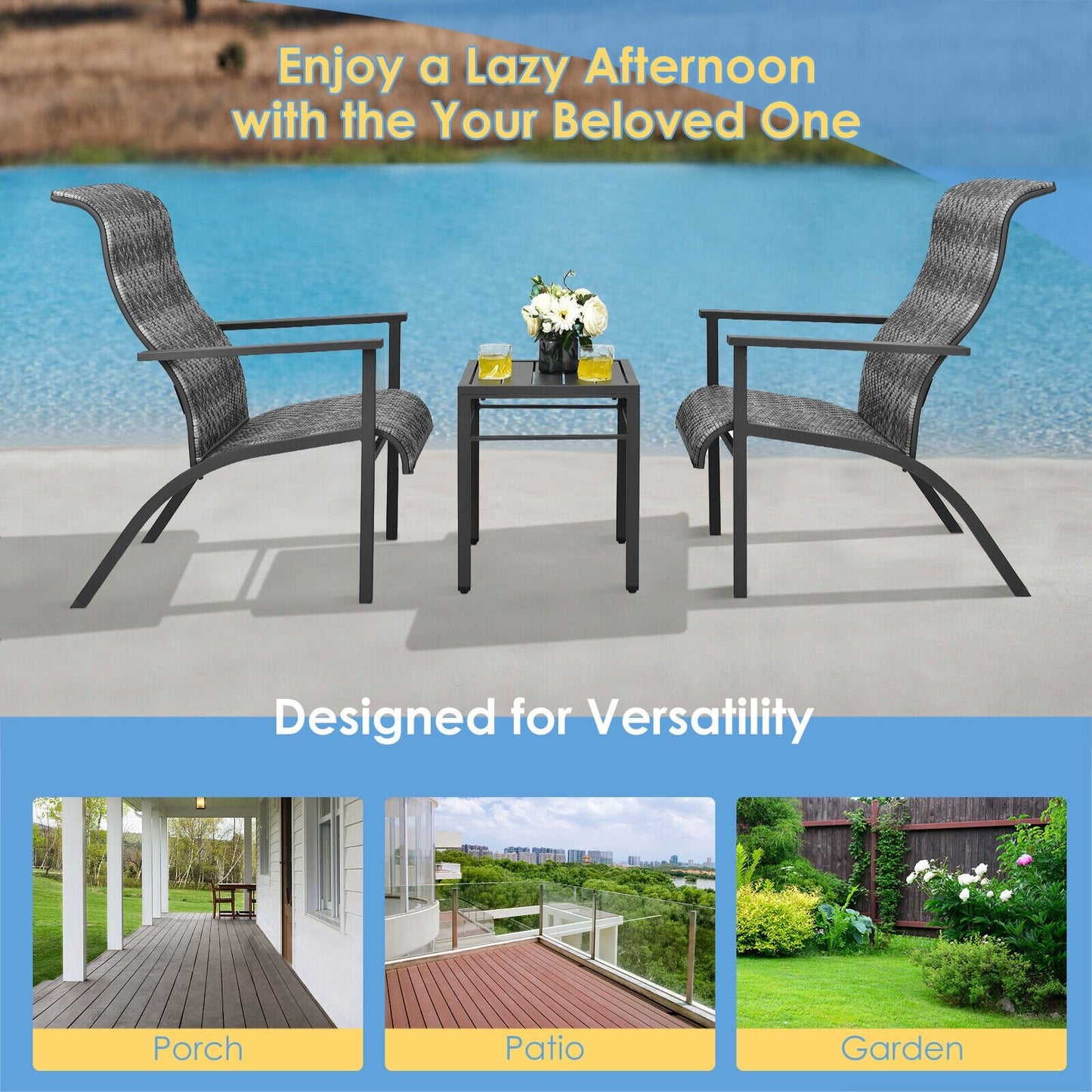 3 Pieces Patio Rattan Bistro Set with High Backrest and Armrest-Brown