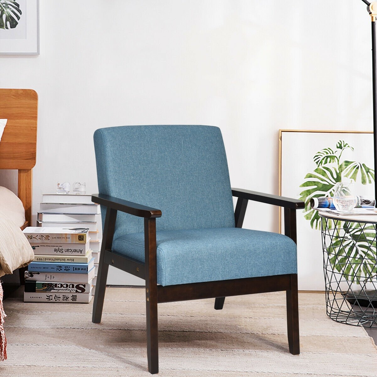 Solid Rubber Wood Fabric Accent Armchair-Beige