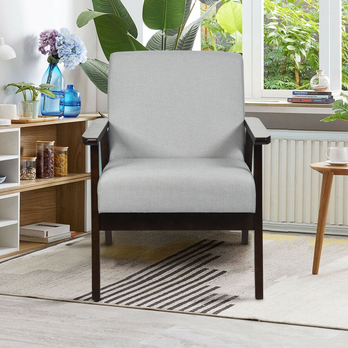 Solid Rubber Wood Fabric Accent Armchair-Beige