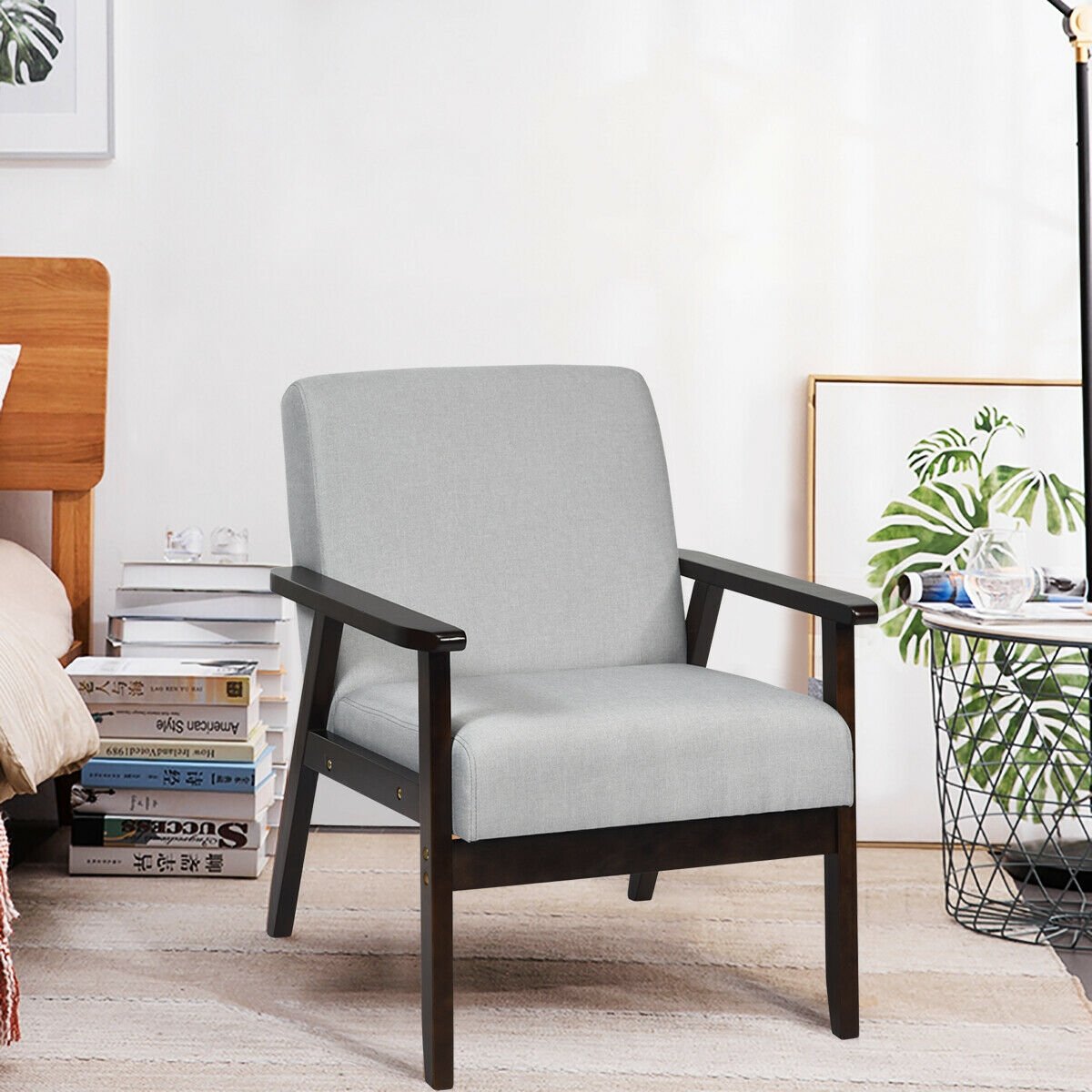 Solid Rubber Wood Fabric Accent Armchair-Beige