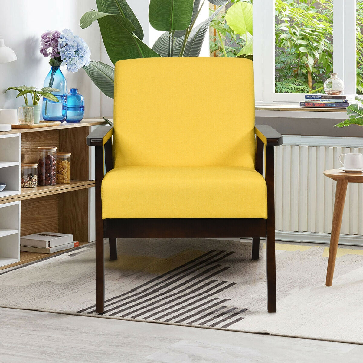Solid Rubber Wood Fabric Accent Armchair-Beige