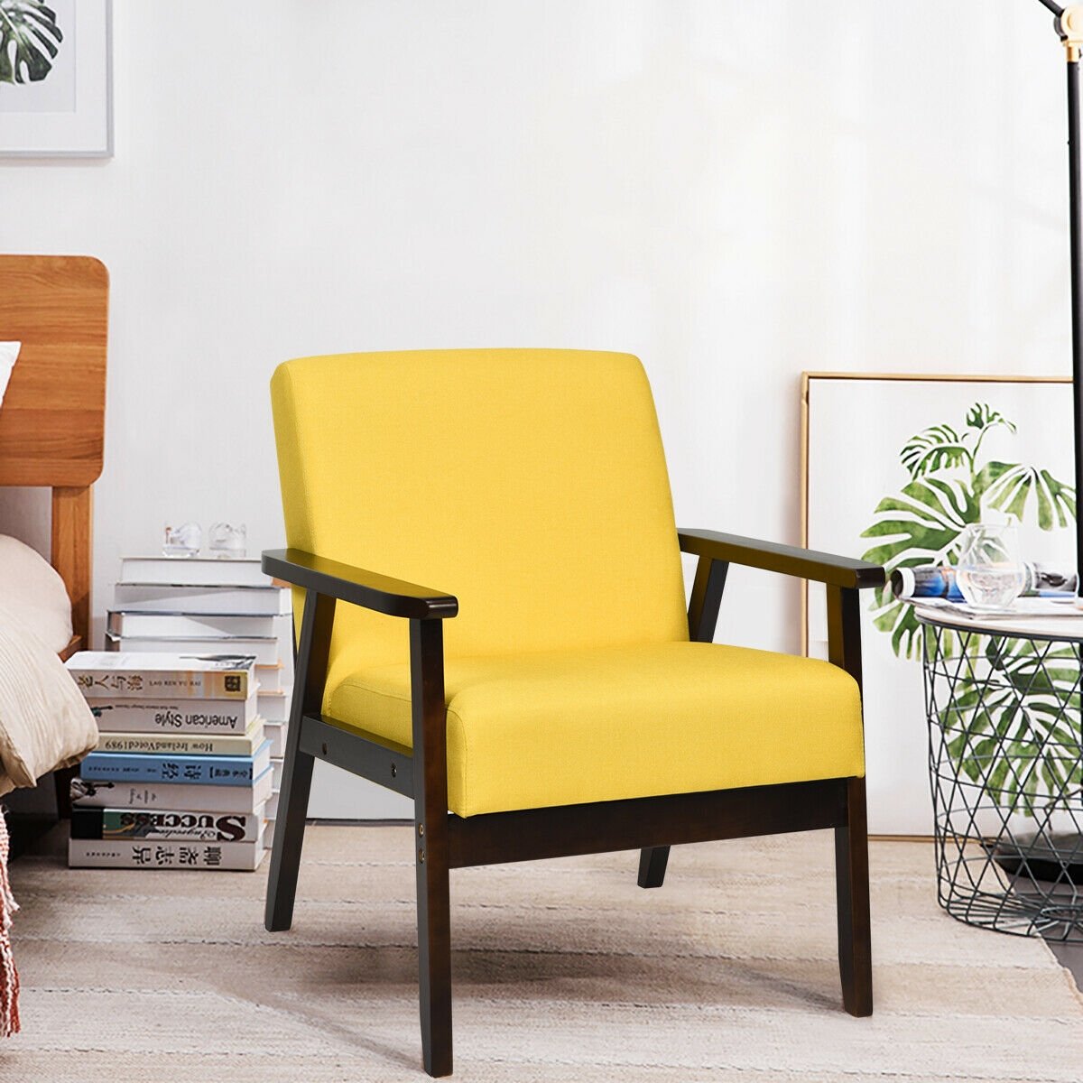 Solid Rubber Wood Fabric Accent Armchair-Beige