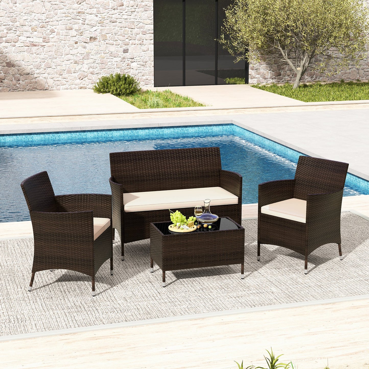 4 Pieces Comfortable Outdoor Rattan Sofa Set with Glass Coffee Table-Beige and Gray