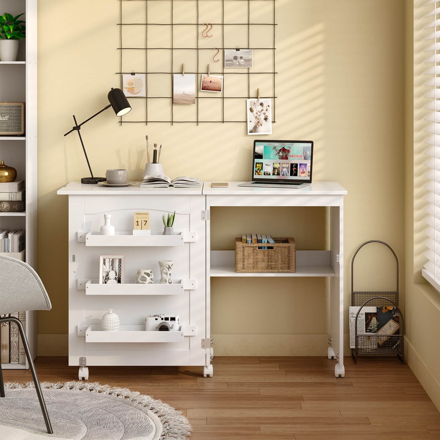 Folding Sewing Craft Table Shelf Storage Cabinet Home Furniture-Brown