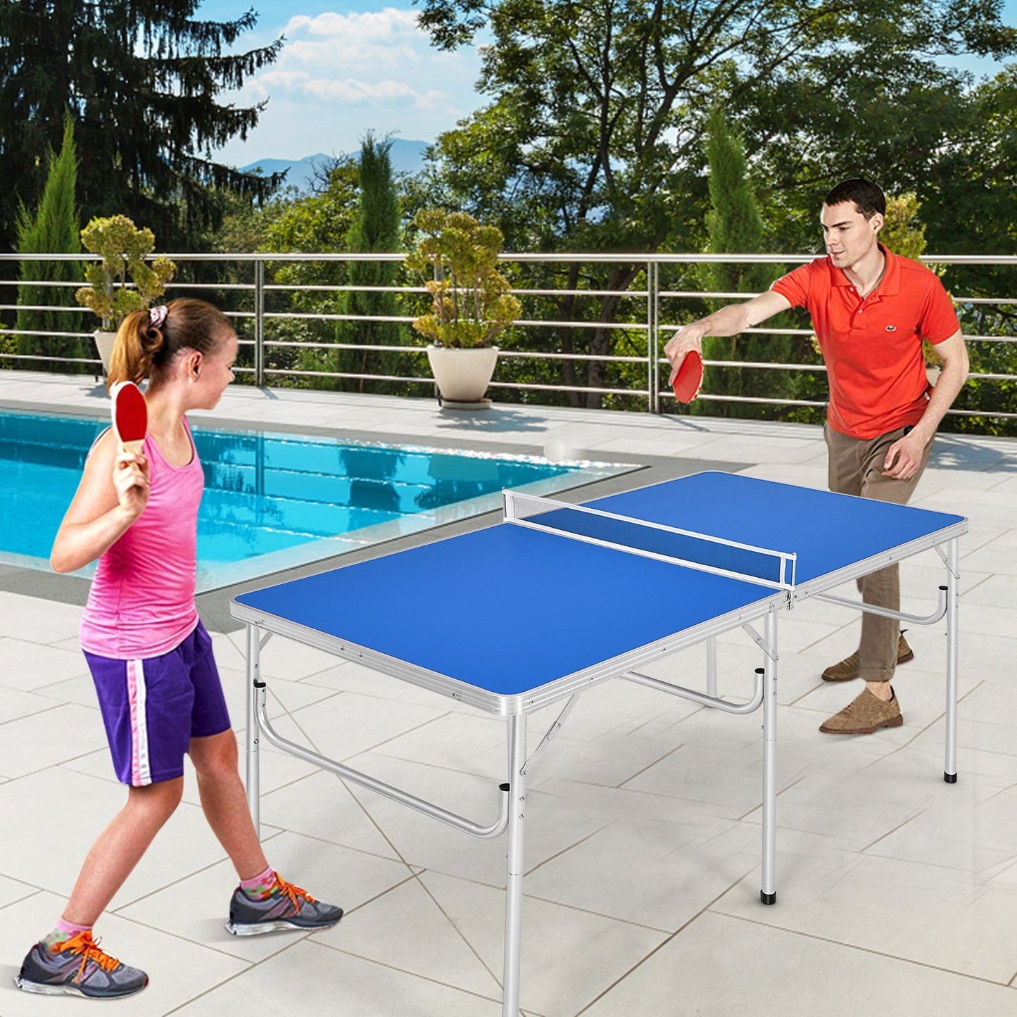60 Inch Portable Tennis Ping Pong Folding Table with Accessories-Blue
