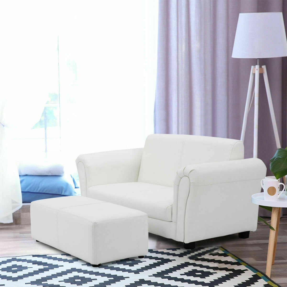 Black/White Kids Double Sofa with Ottoman-Black